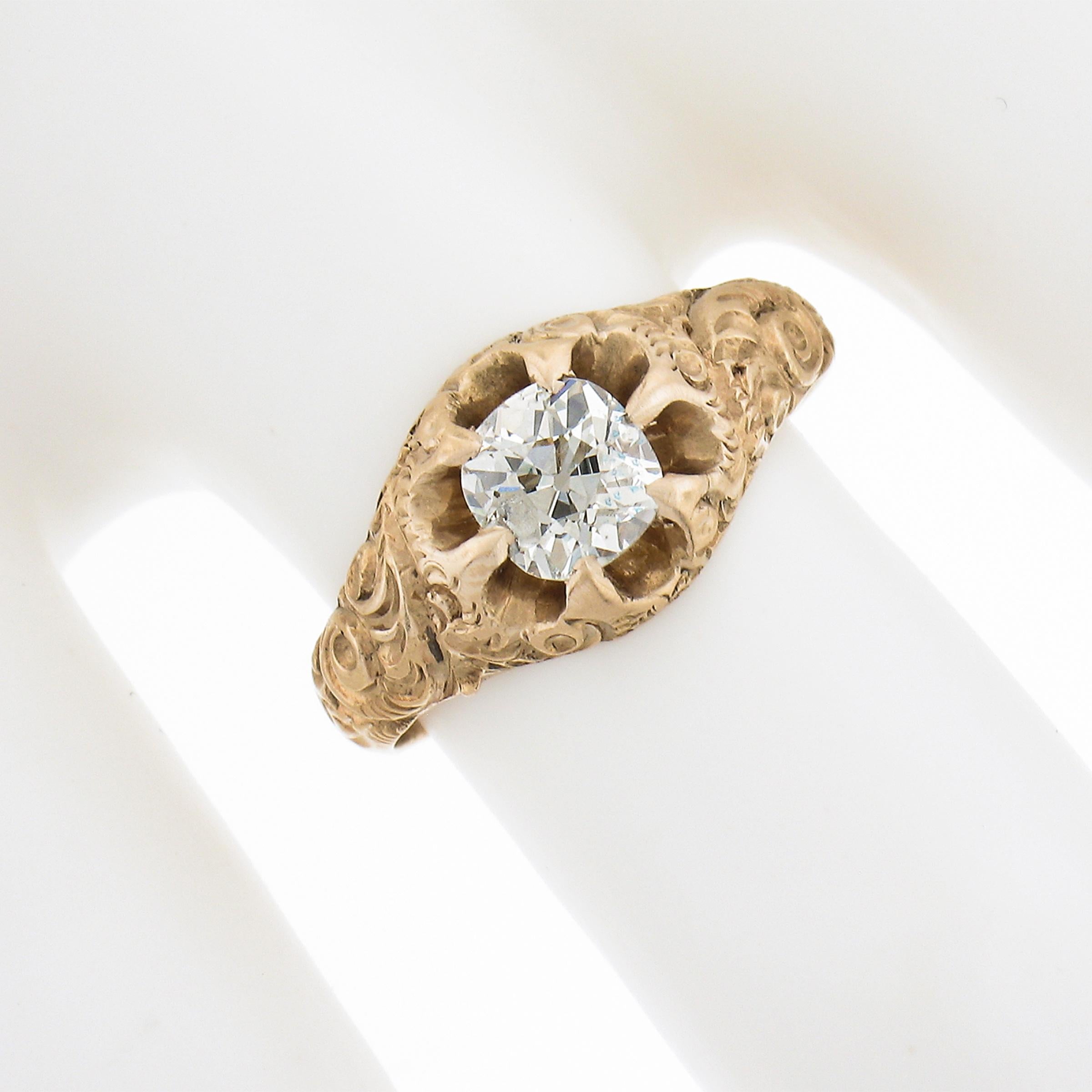 Antike 14k Gold 0,68ct Old Cushion Diamond Verlobungsring w / Repousse Seiten (Kissenschliff) im Angebot
