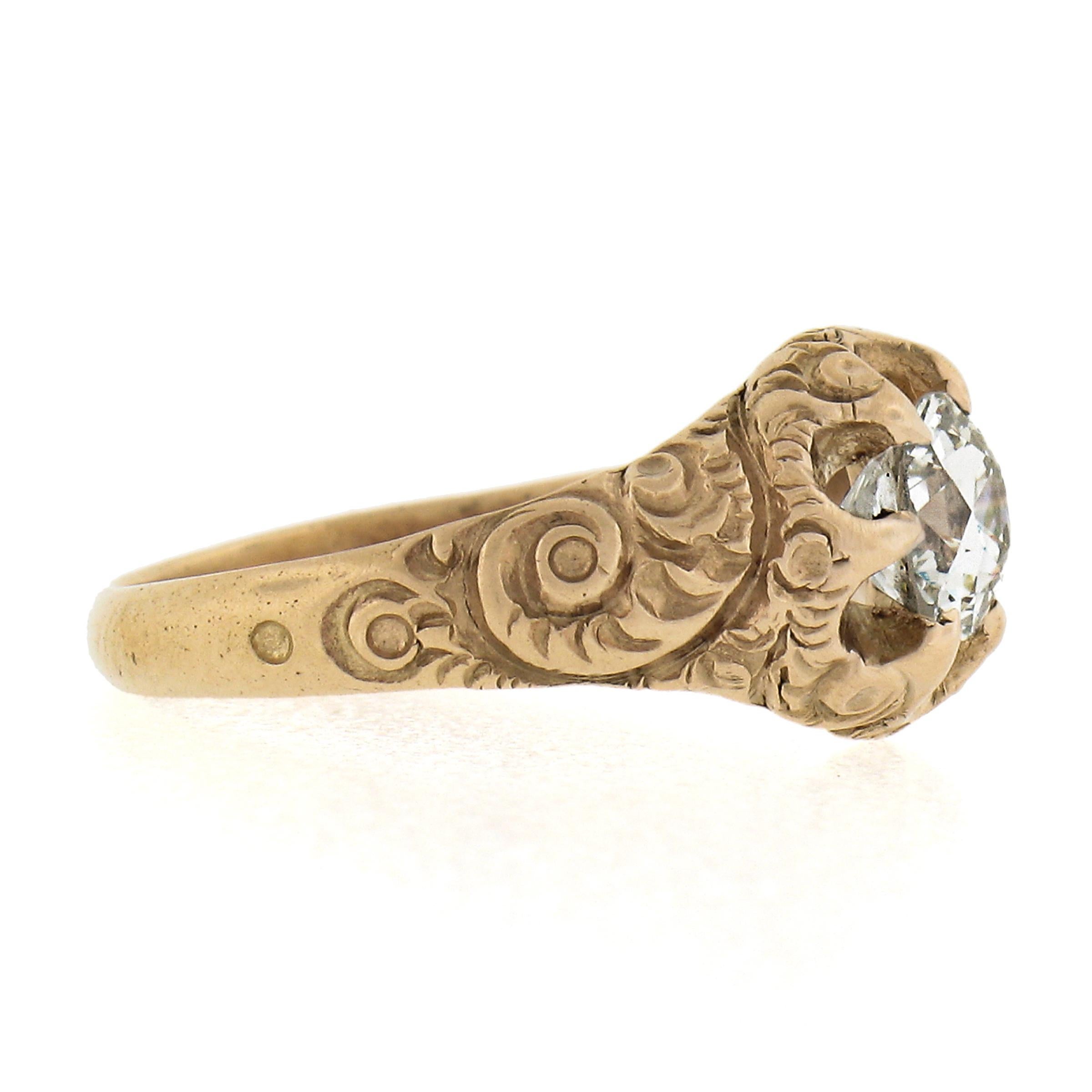 Antique 14k Gold 0.68ct Old Cushion Diamond Engagement Ring w/ Repousse Sides In Excellent Condition For Sale In Montclair, NJ