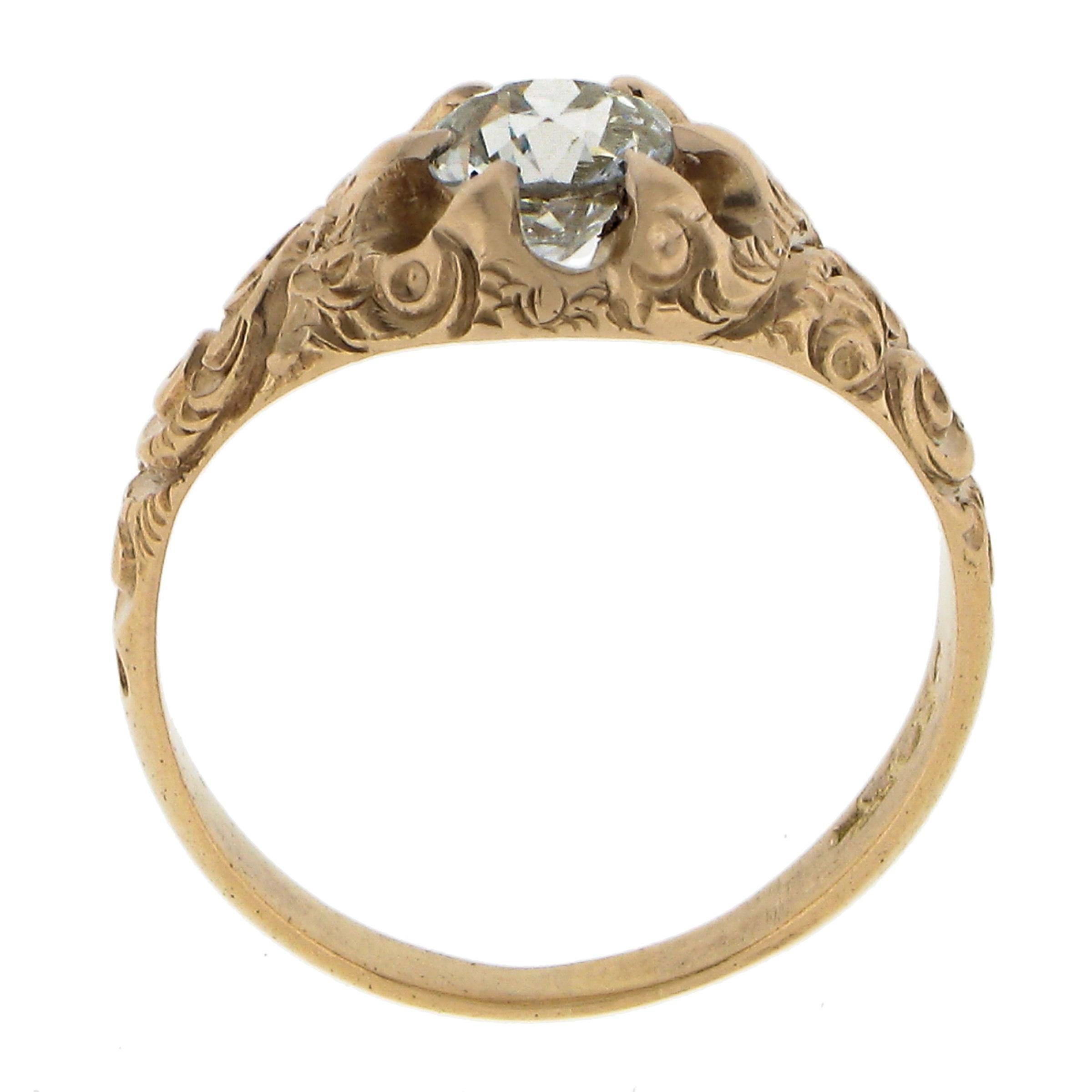 Antique 14k Gold 0.68ct Old Cushion Diamond Engagement Ring w/ Repousse Sides For Sale 2
