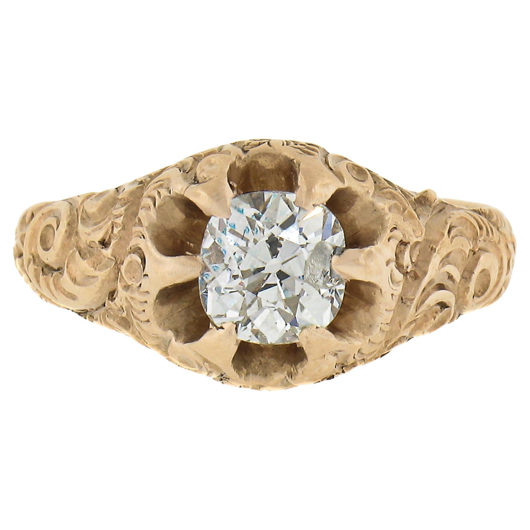 Antique 14k Gold 0.68ct Old Cushion Diamond Engagement Ring w/ Repousse Sides For Sale