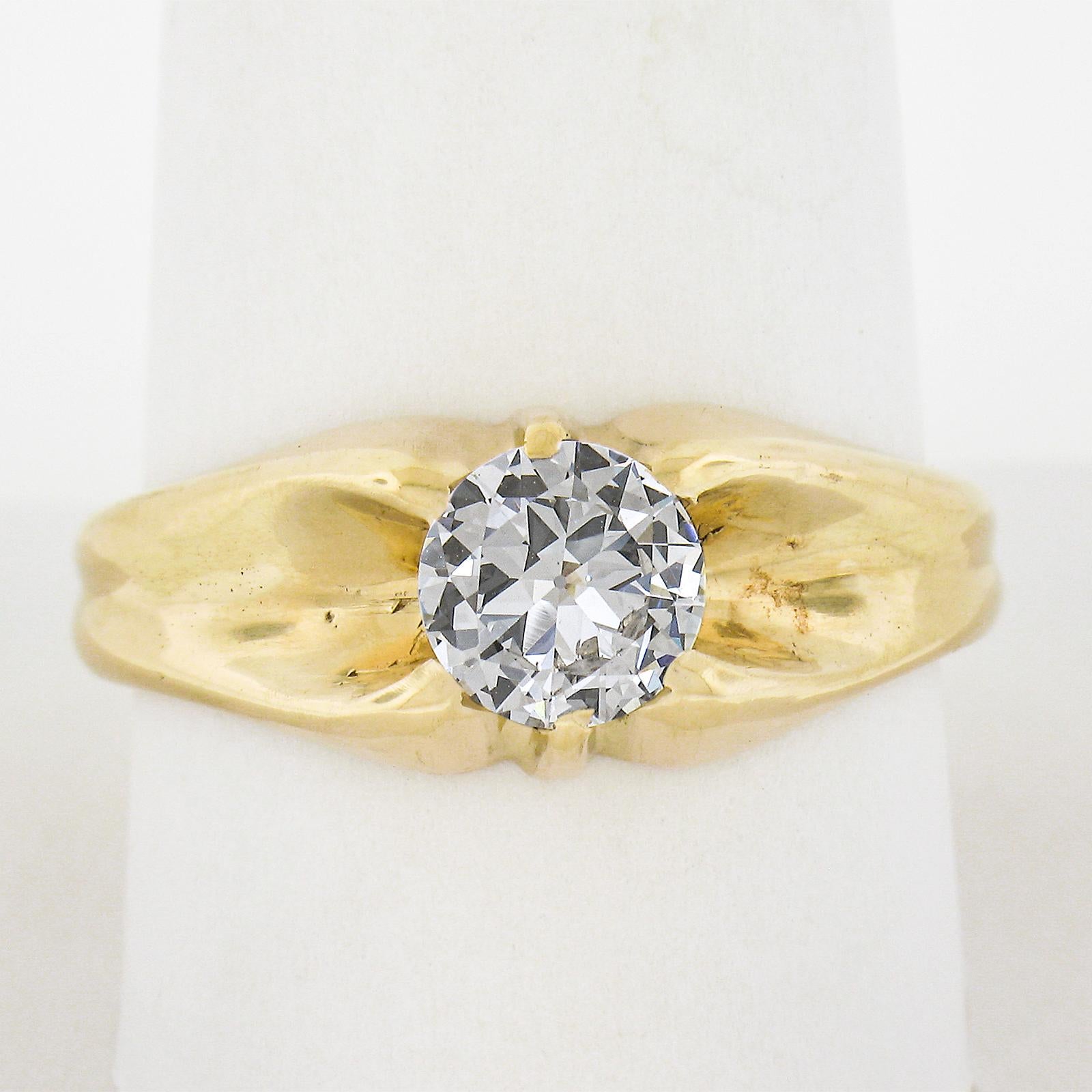 Art Nouveau Antique 14k Gold 0.95ct GIA Certified Old Cut Belcher Diamond Engagement Ring For Sale