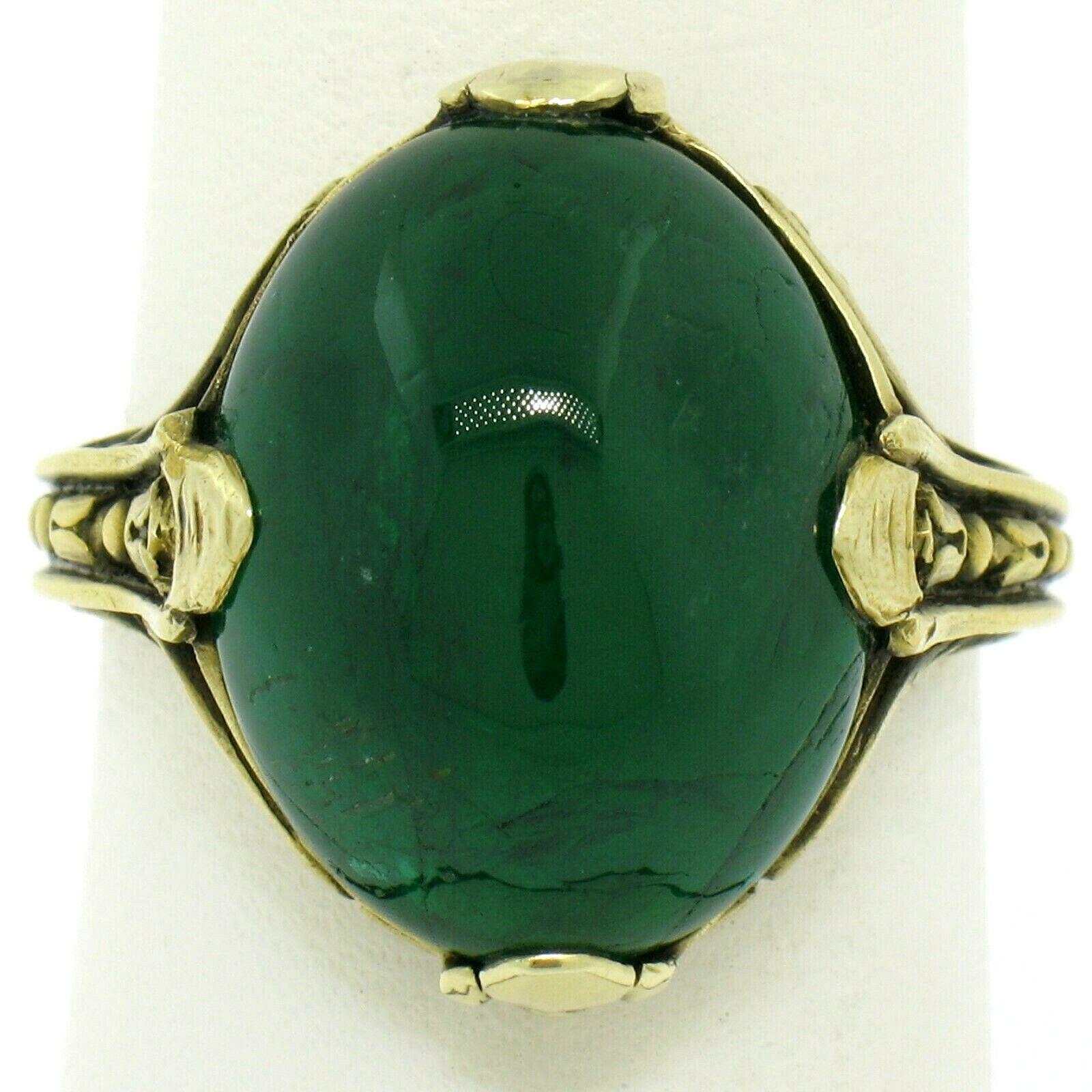 Antique 14k Gold 10.03ct GIA Oval Cabochon Very Fine Green Zambian Emerald Ring In Good Condition In Montclair, NJ