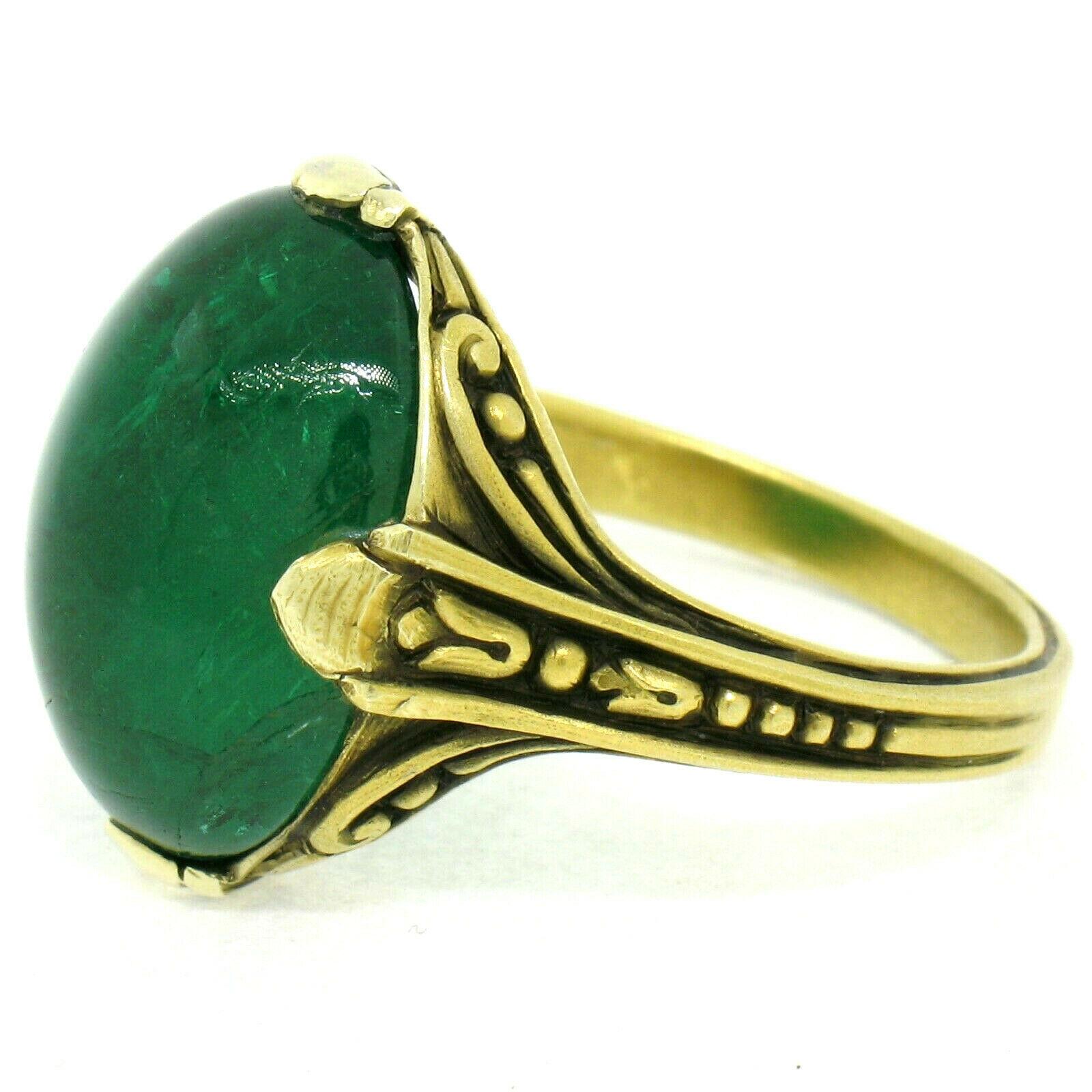 Women's Antique 14k Gold 10.03ct GIA Oval Cabochon Very Fine Green Zambian Emerald Ring