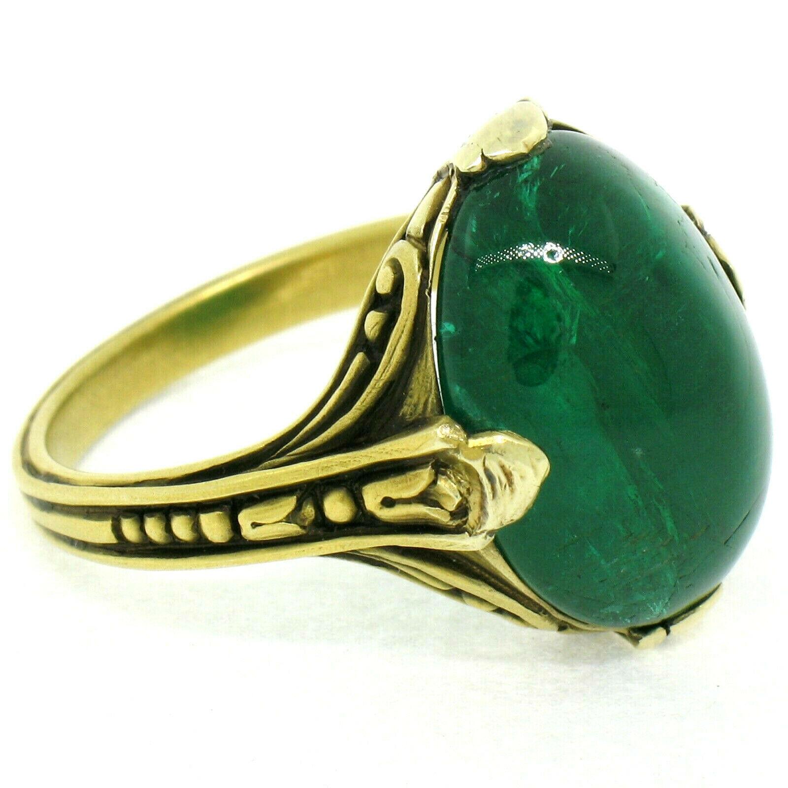 Antique 14k Gold 10.03ct GIA Oval Cabochon Very Fine Green Zambian Emerald Ring 1