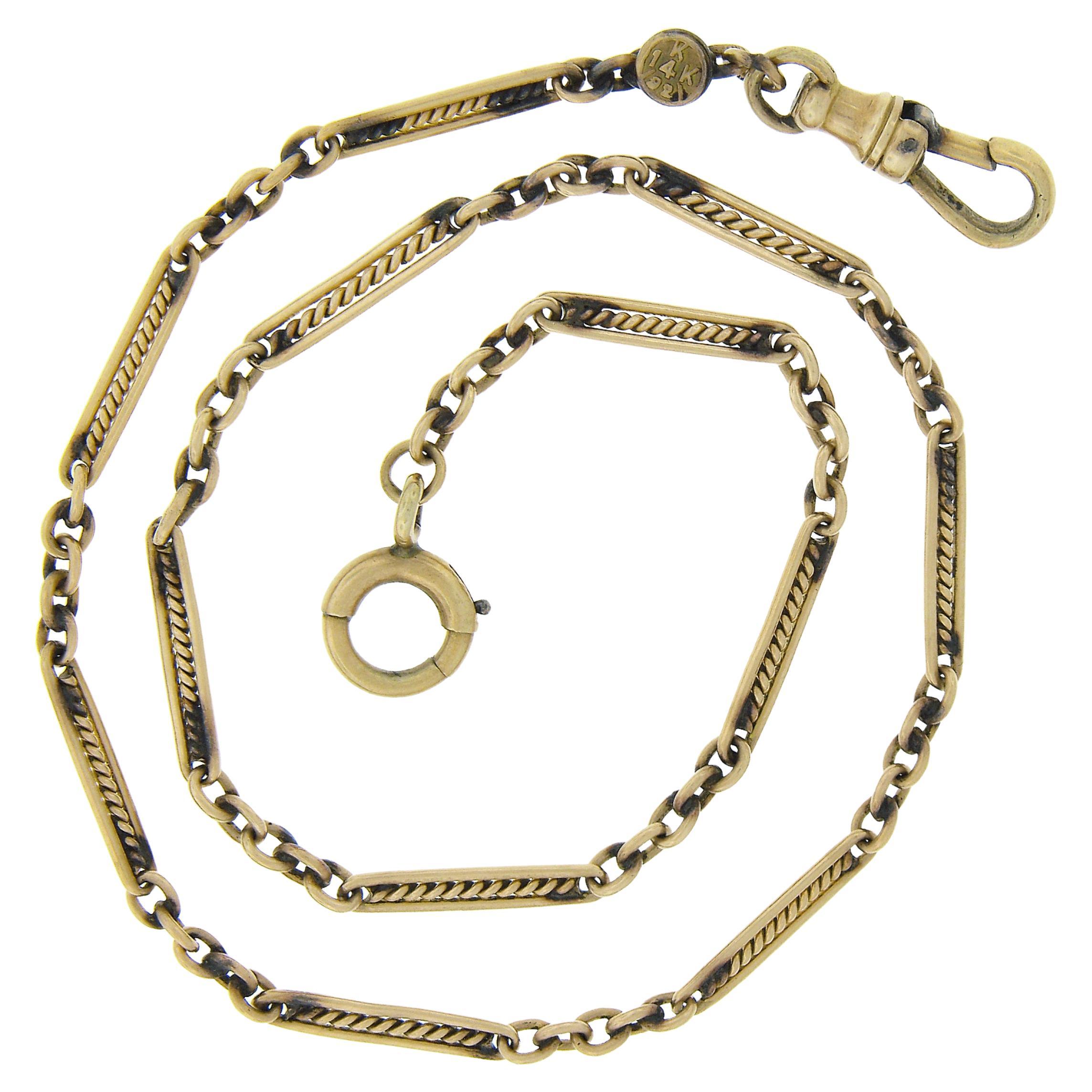 Antique 14k Gold 13" Pocket Watch Cable Link Chain w/ Dog Clip & Spring Ring For Sale