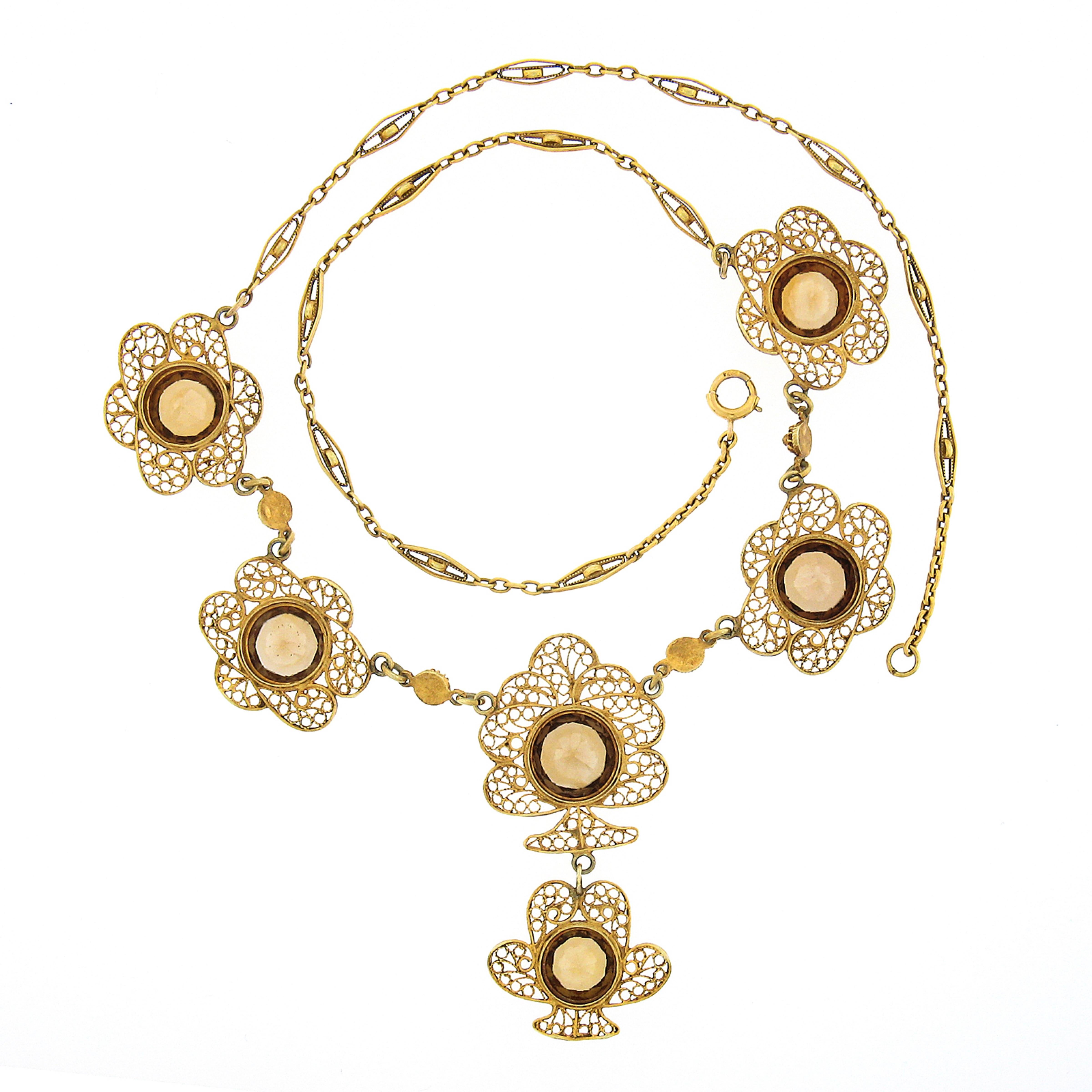 Art Nouveau Antique 14K Gold 21.40ctw GIA Brownish Yellow Zircon Open Filigree Work Necklace For Sale