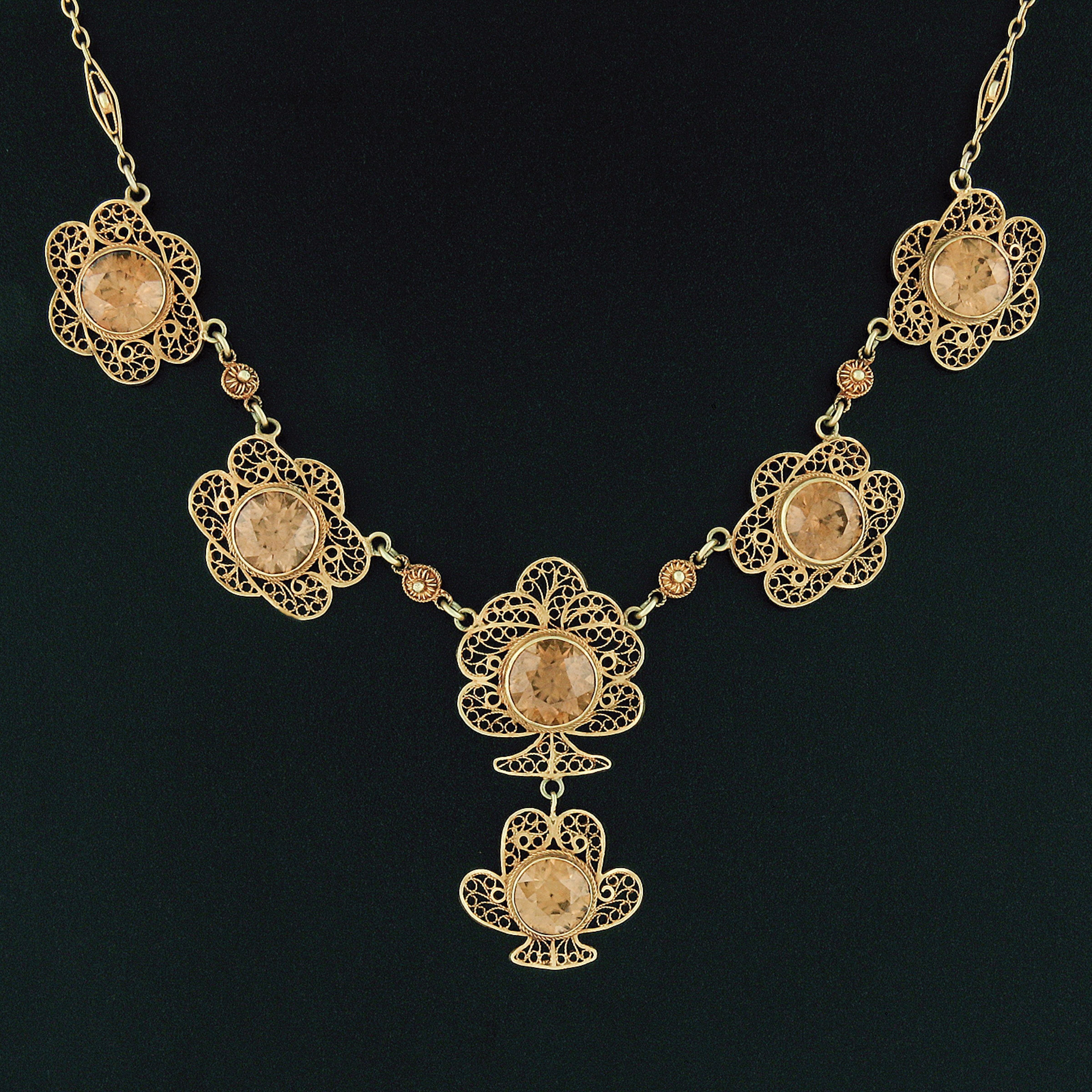 Round Cut Antique 14K Gold 21.40ctw GIA Brownish Yellow Zircon Open Filigree Work Necklace For Sale