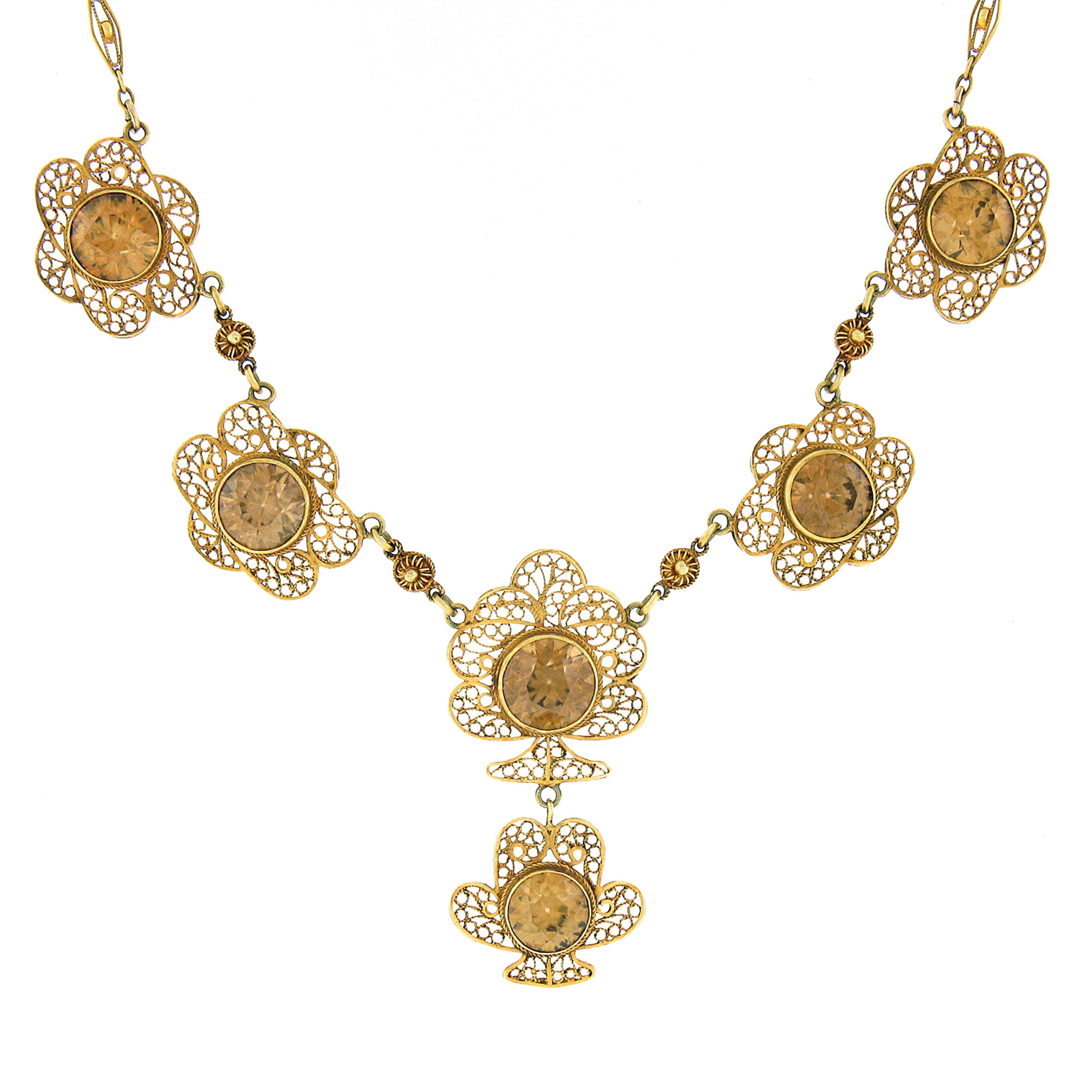 Antique 14K Gold 21.40ctw GIA Brownish Yellow Zircon Open Filigree Work Necklace In Good Condition For Sale In Montclair, NJ