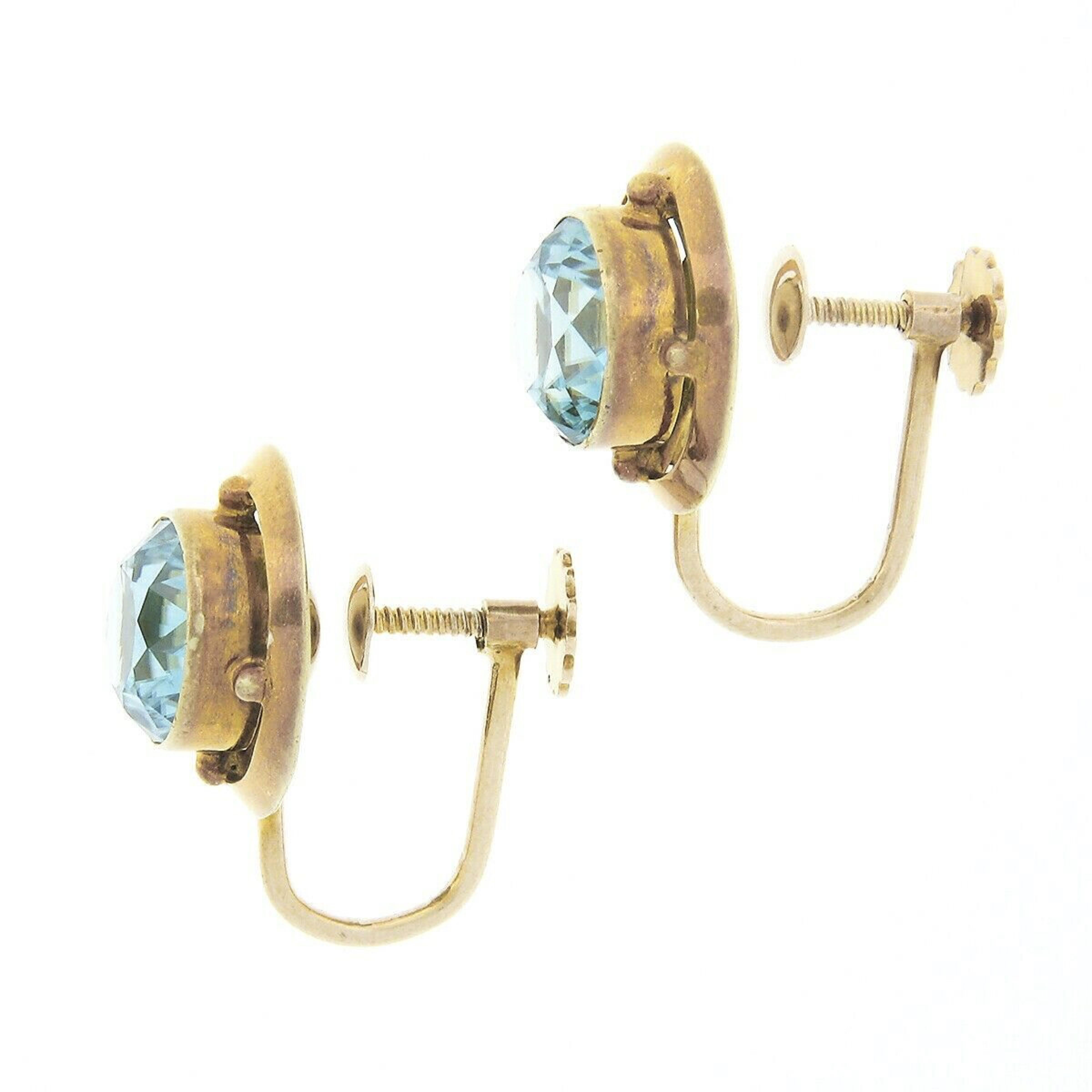Round Cut Antique 14k Gold 5.0ctw Old Round Bezel Blue Zircon Polished Screw Back Earrings