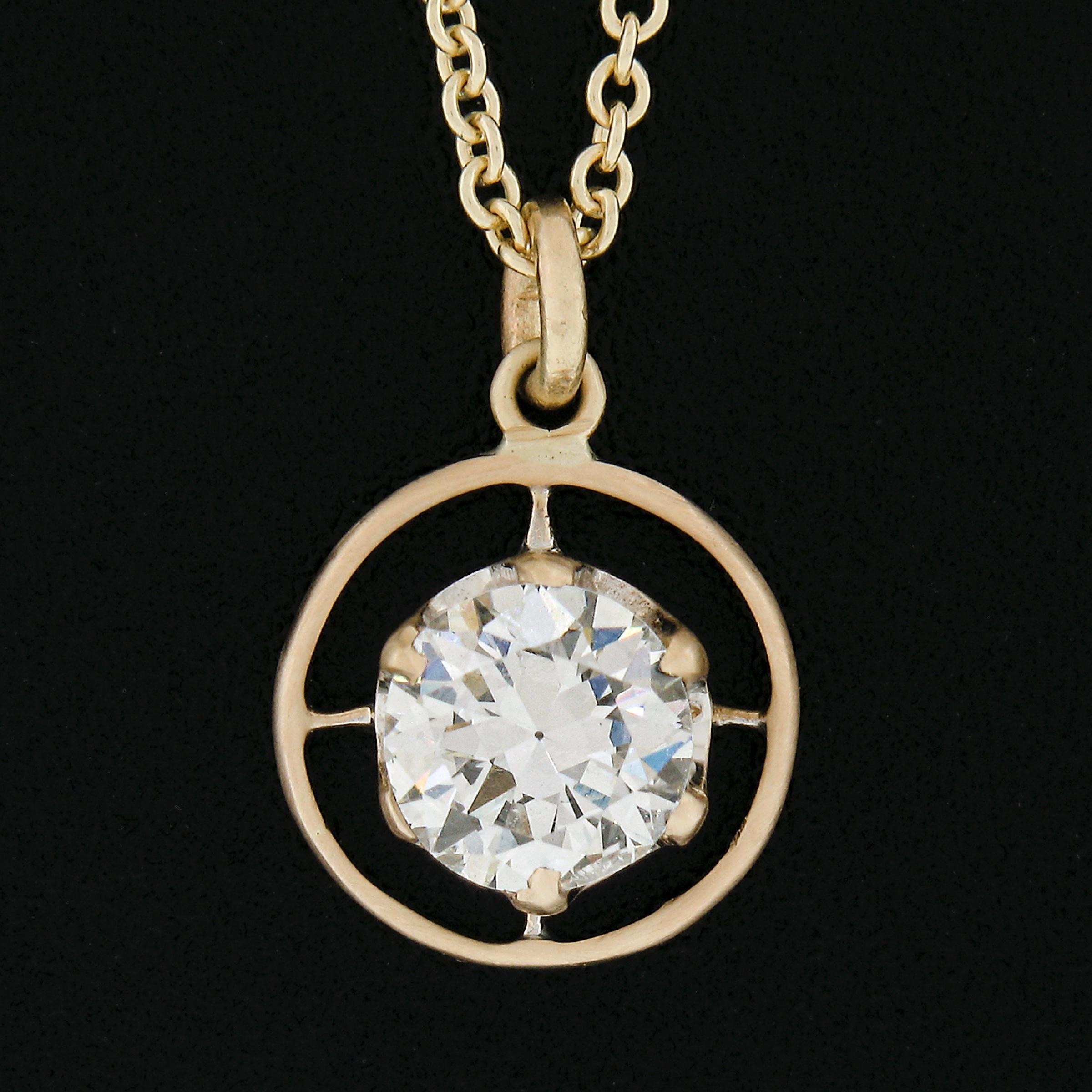 Antique 14k Gold .69ct GIA Round Prong Diamond Solitaire Target Pendant & Chain In Good Condition For Sale In Montclair, NJ