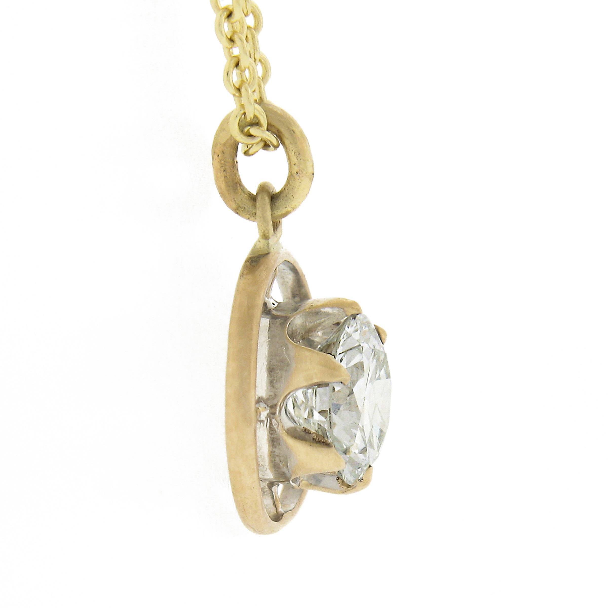 Women's Antique 14k Gold .69ct GIA Round Prong Diamond Solitaire Target Pendant & Chain For Sale