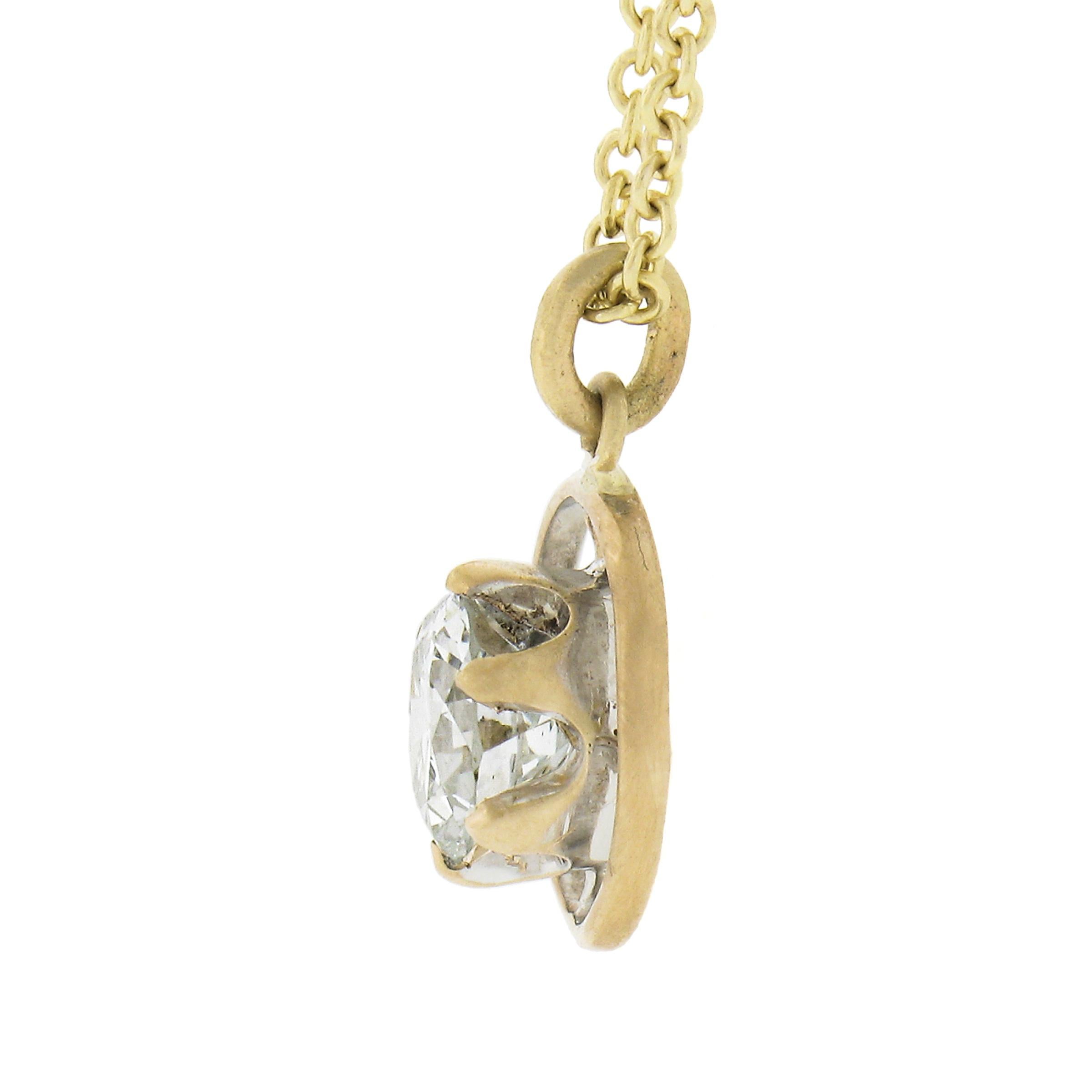 Antique 14k Gold .69ct GIA Round Prong Diamond Solitaire Target Pendant & Chain For Sale 1