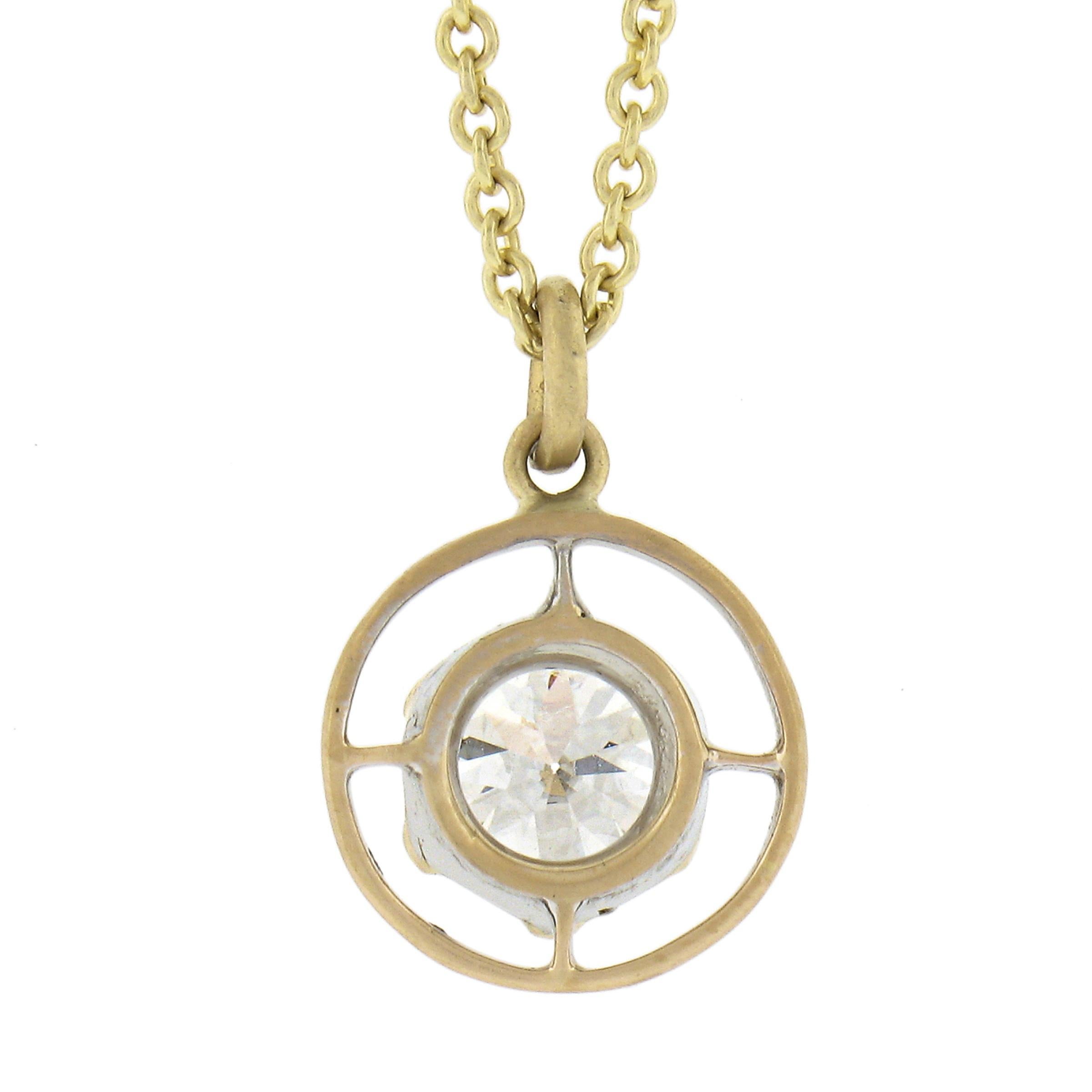 Antique 14k Gold .69ct GIA Round Prong Diamond Solitaire Target Pendant & Chain For Sale 2