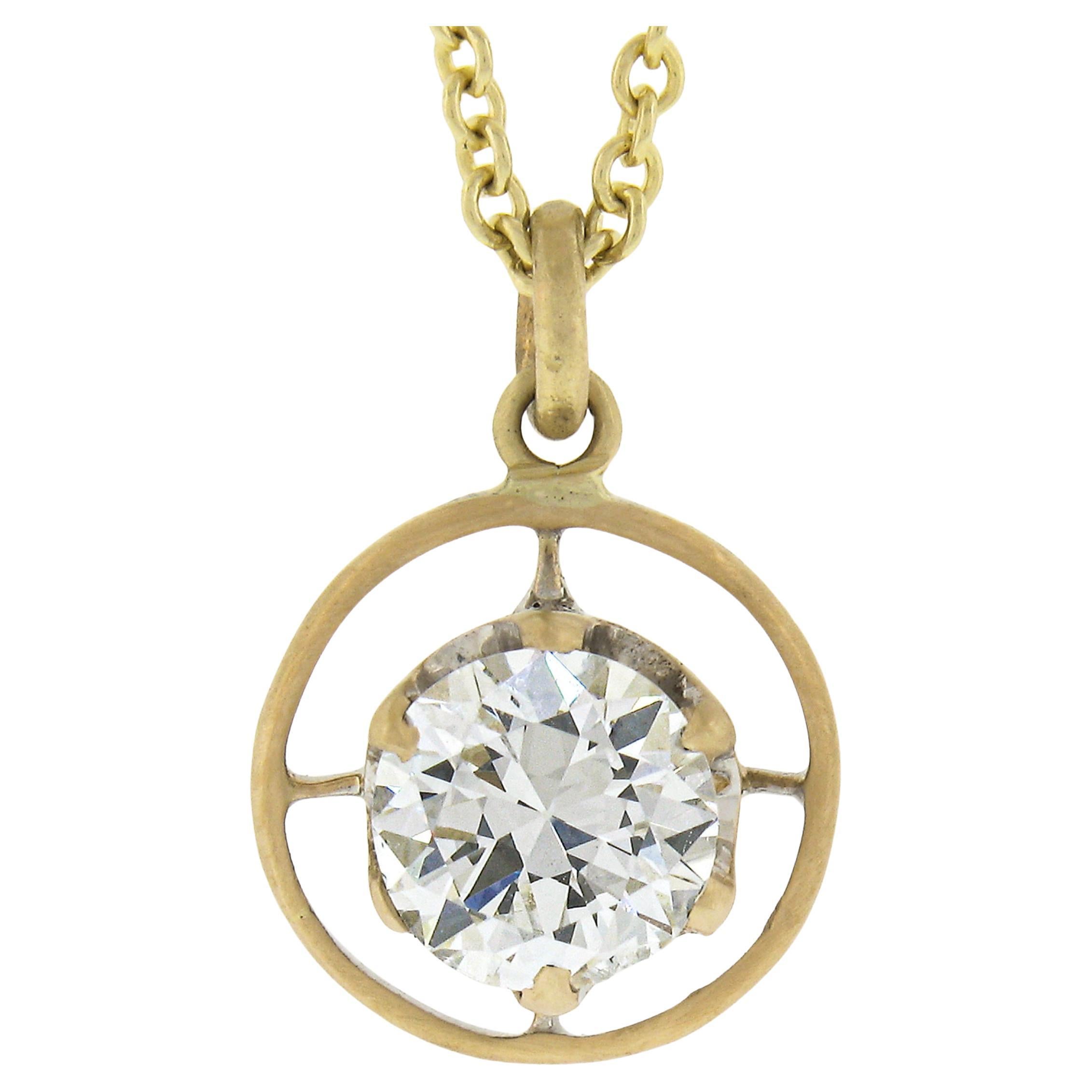 Antique 14k Gold .69ct GIA Round Prong Diamond Solitaire Target Pendant & Chain For Sale