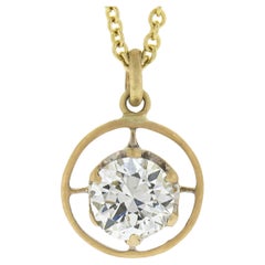 Antique 14k Gold .69ct GIA Round Prong Diamond Solitaire Target Pendant & Chain
