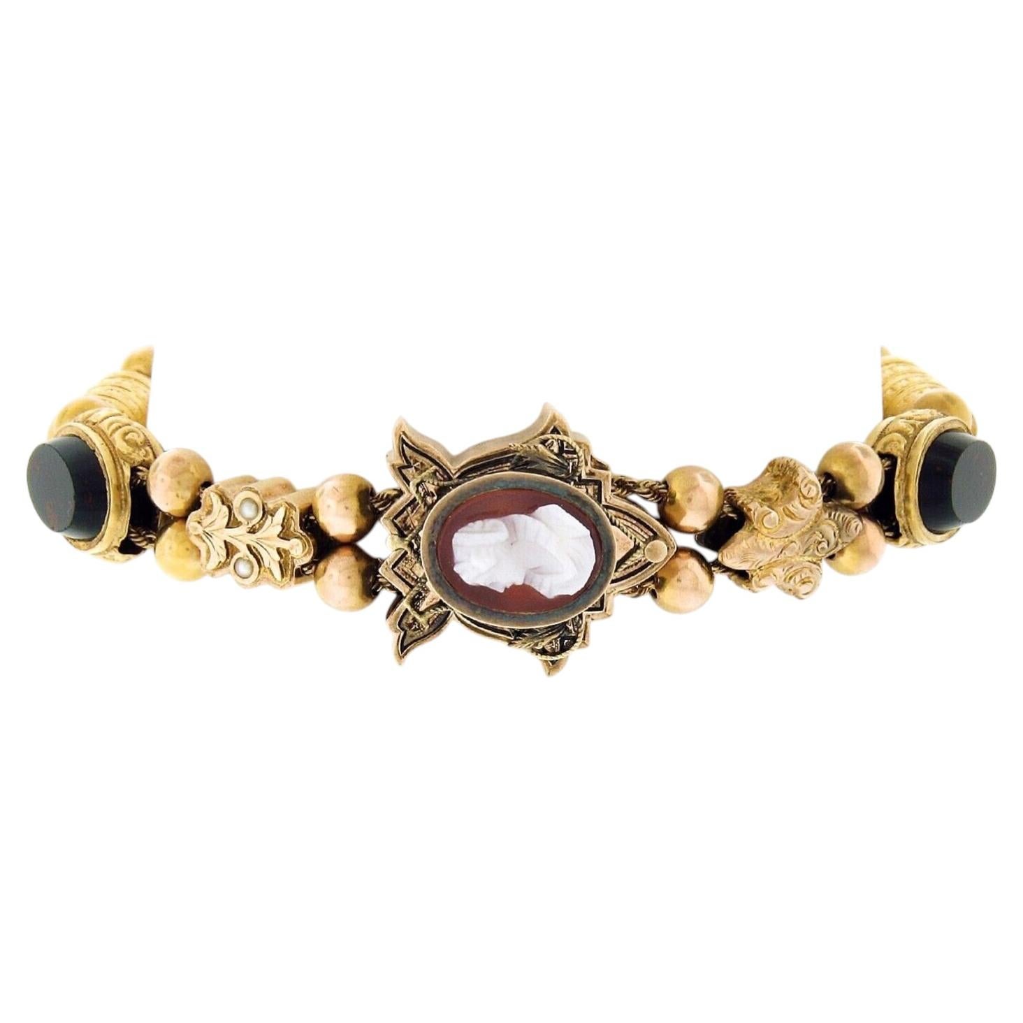 Antique 14K+ Gold 7" Agate Cameo Multi Shape Repousse Work Slide Charm Bracelet For Sale