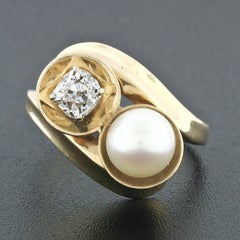 Antique 14k Gold Pearl .58ct Old Mine Cushion Diamond Bypass Cocktail Ring