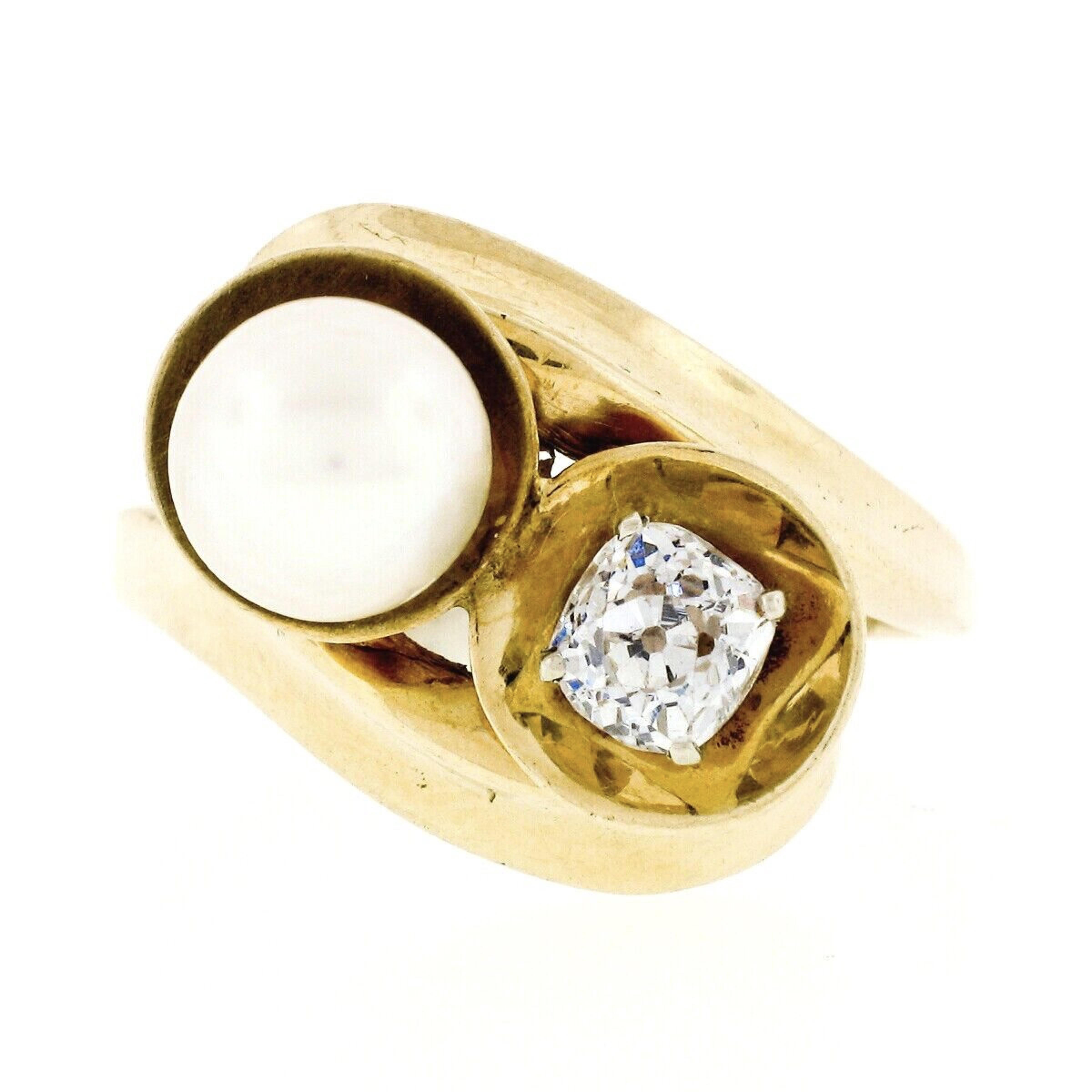 Round Cut Antique 14k Gold Pearl .58ct Old Mine Cushion Diamond Bypass Cocktail Ring For Sale