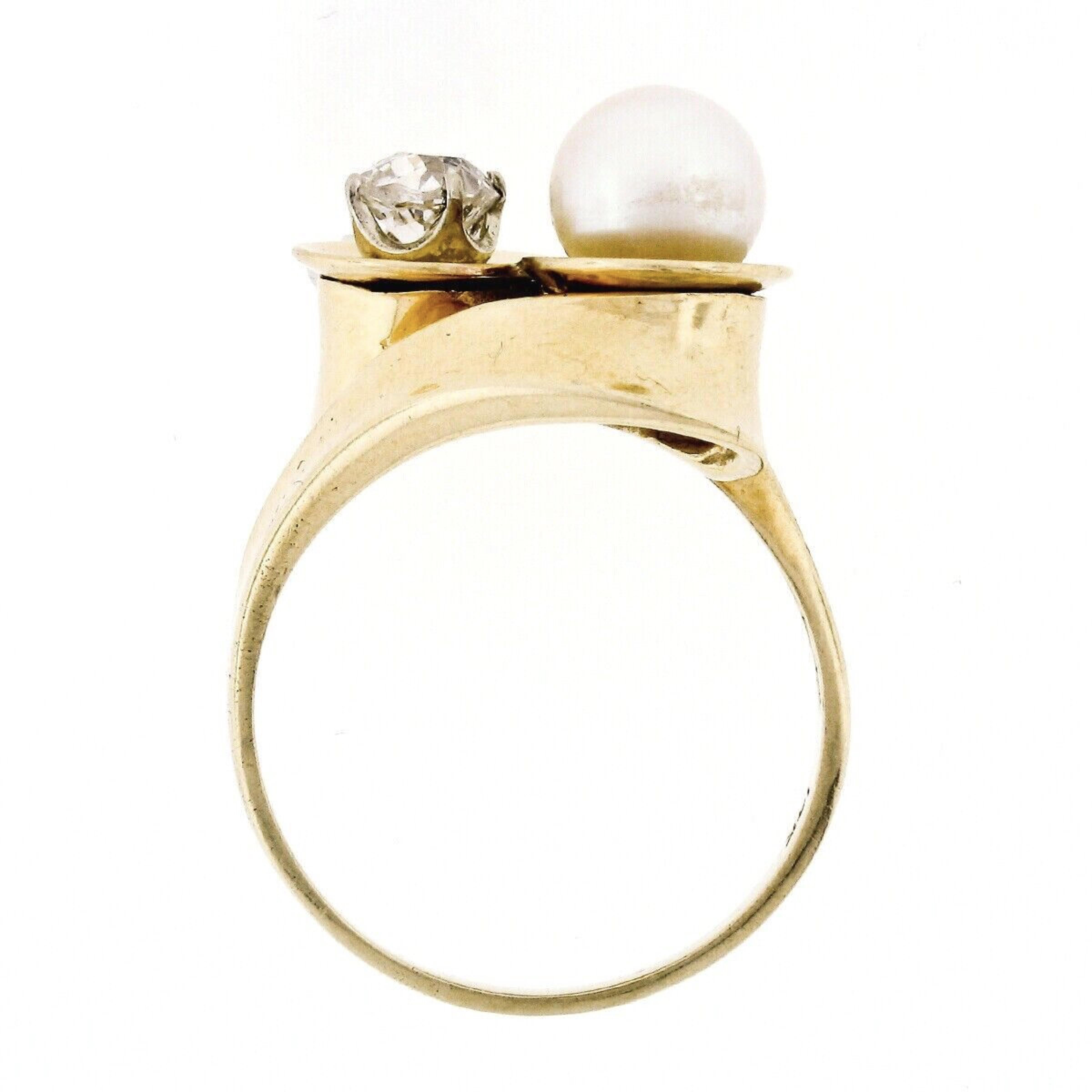 Antique 14k Gold Pearl .58ct Old Mine Cushion Diamond Bypass Cocktail Ring For Sale 2