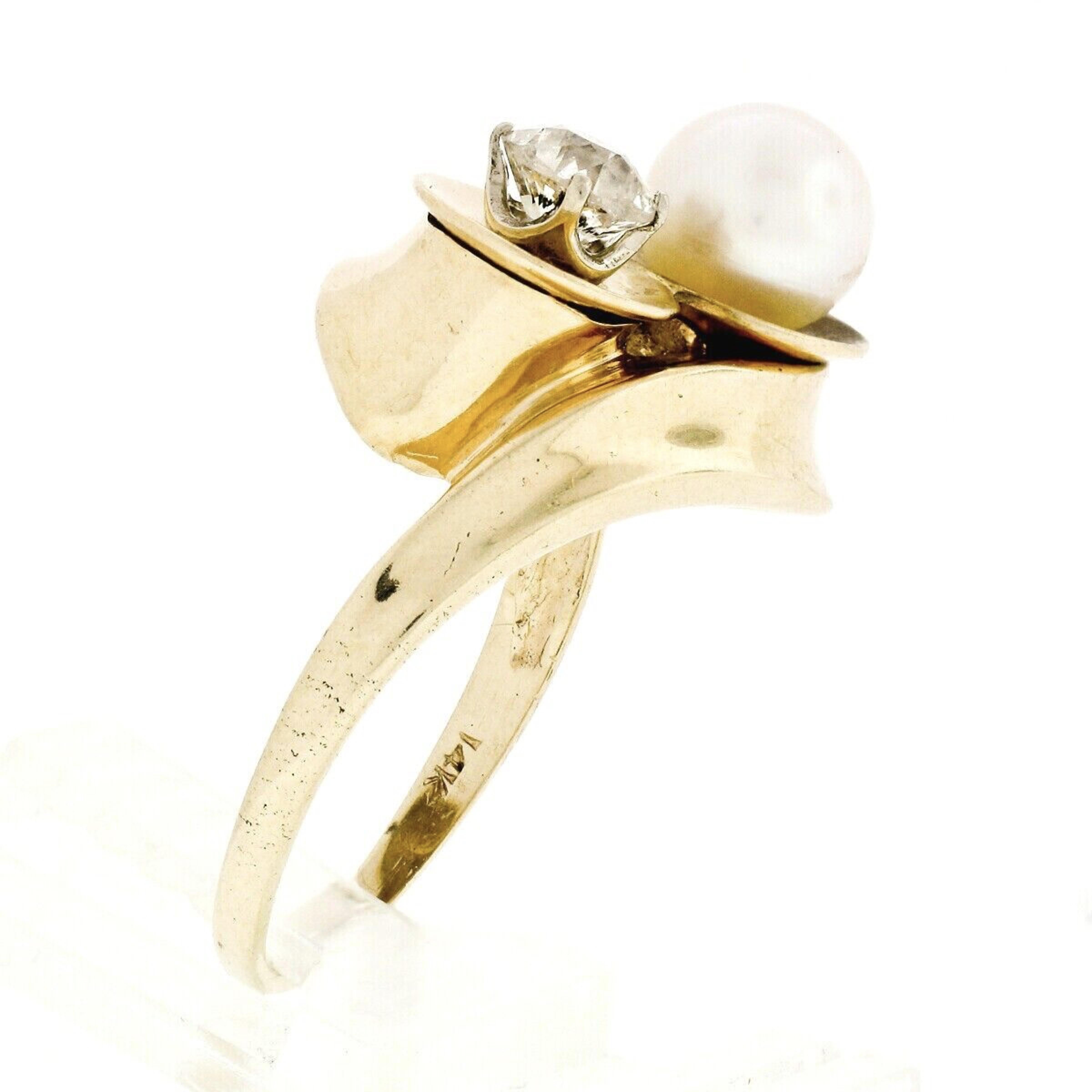 Antique 14k Gold Pearl .58ct Old Mine Cushion Diamond Bypass Cocktail Ring For Sale 3