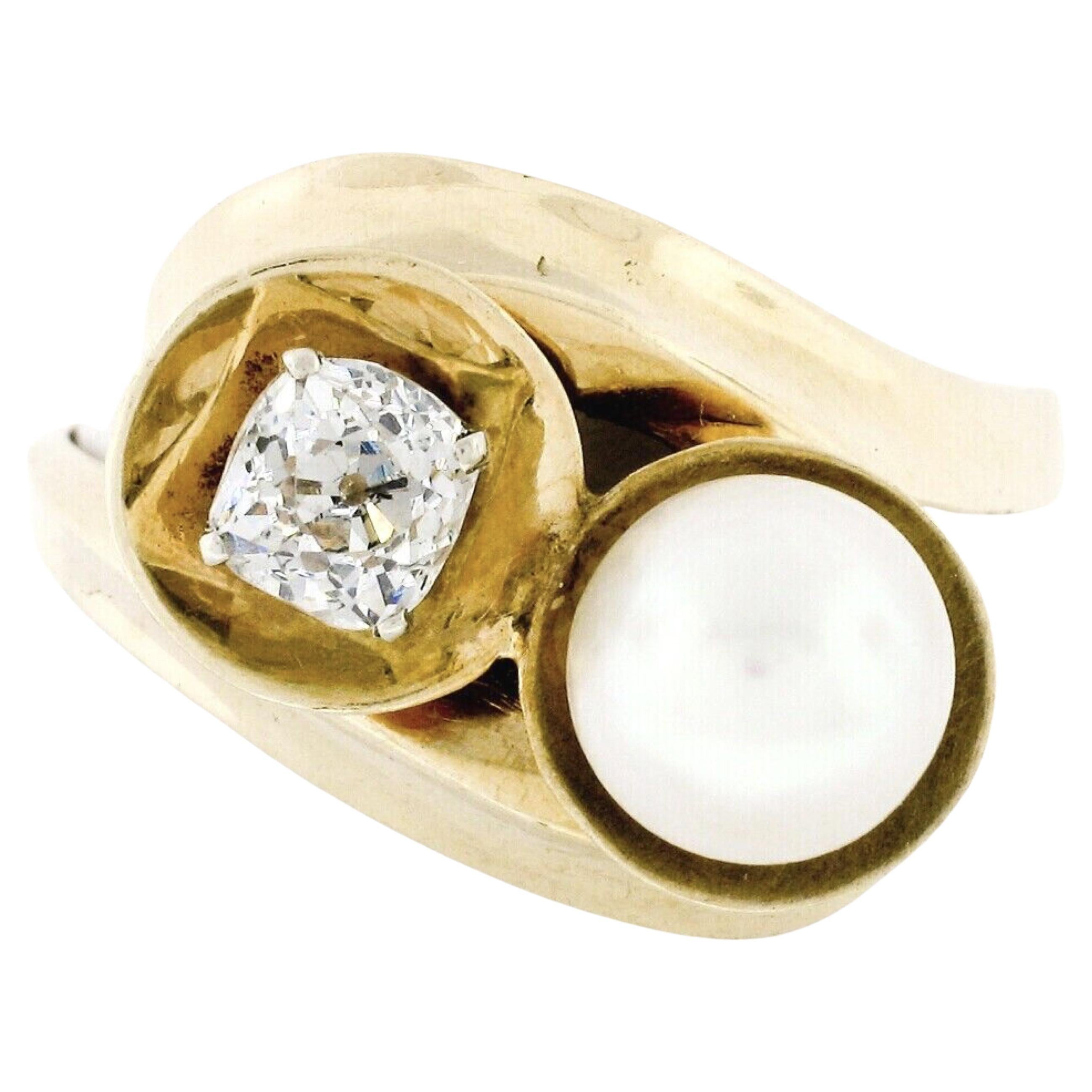 Antique 14k Gold Pearl .58ct Old Mine Cushion Diamond Bypass Cocktail Ring For Sale