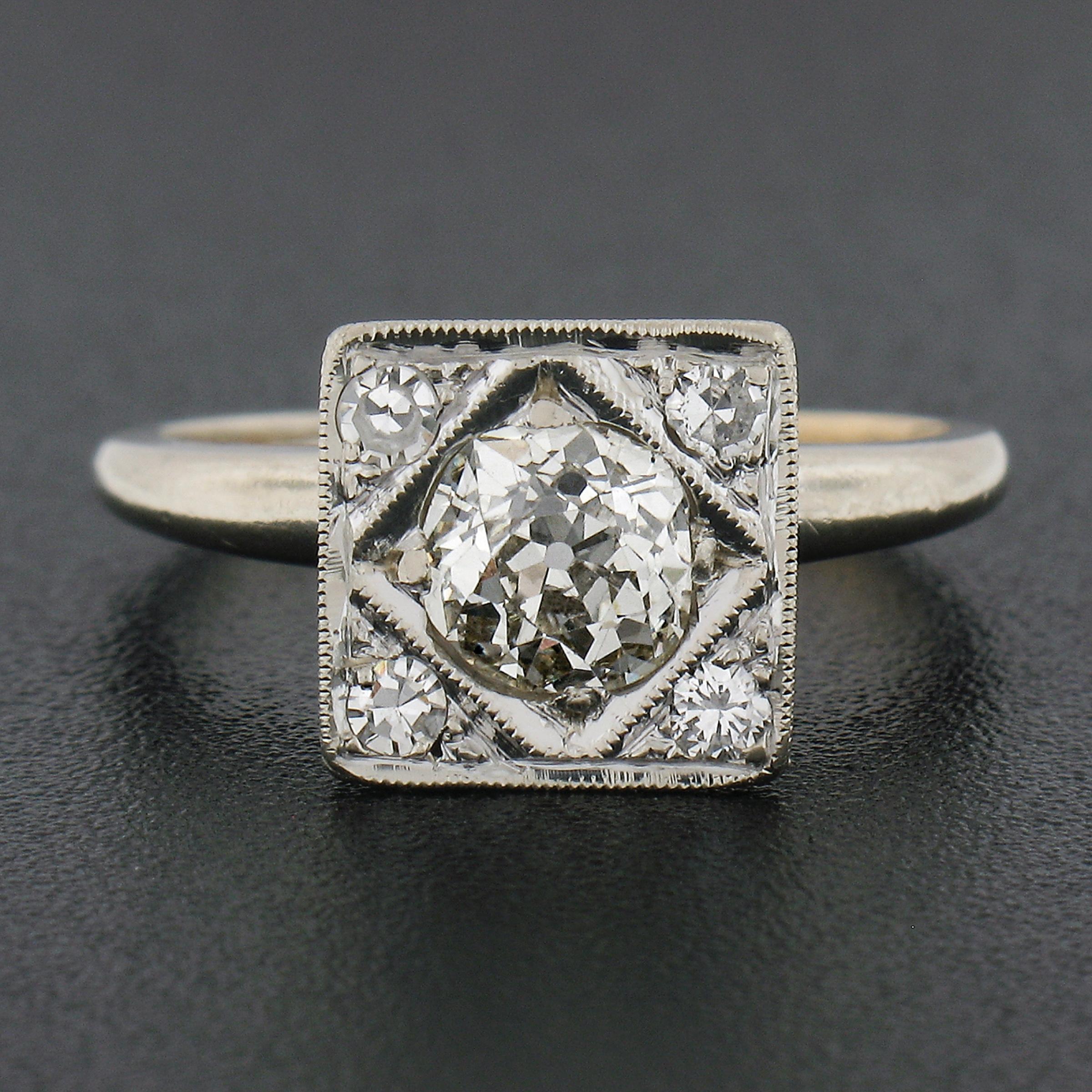 Old Mine Cut Antique 14k Gold .87ct Old Cut Pave Diamond Hand Engraved Floral Engagement Ring For Sale