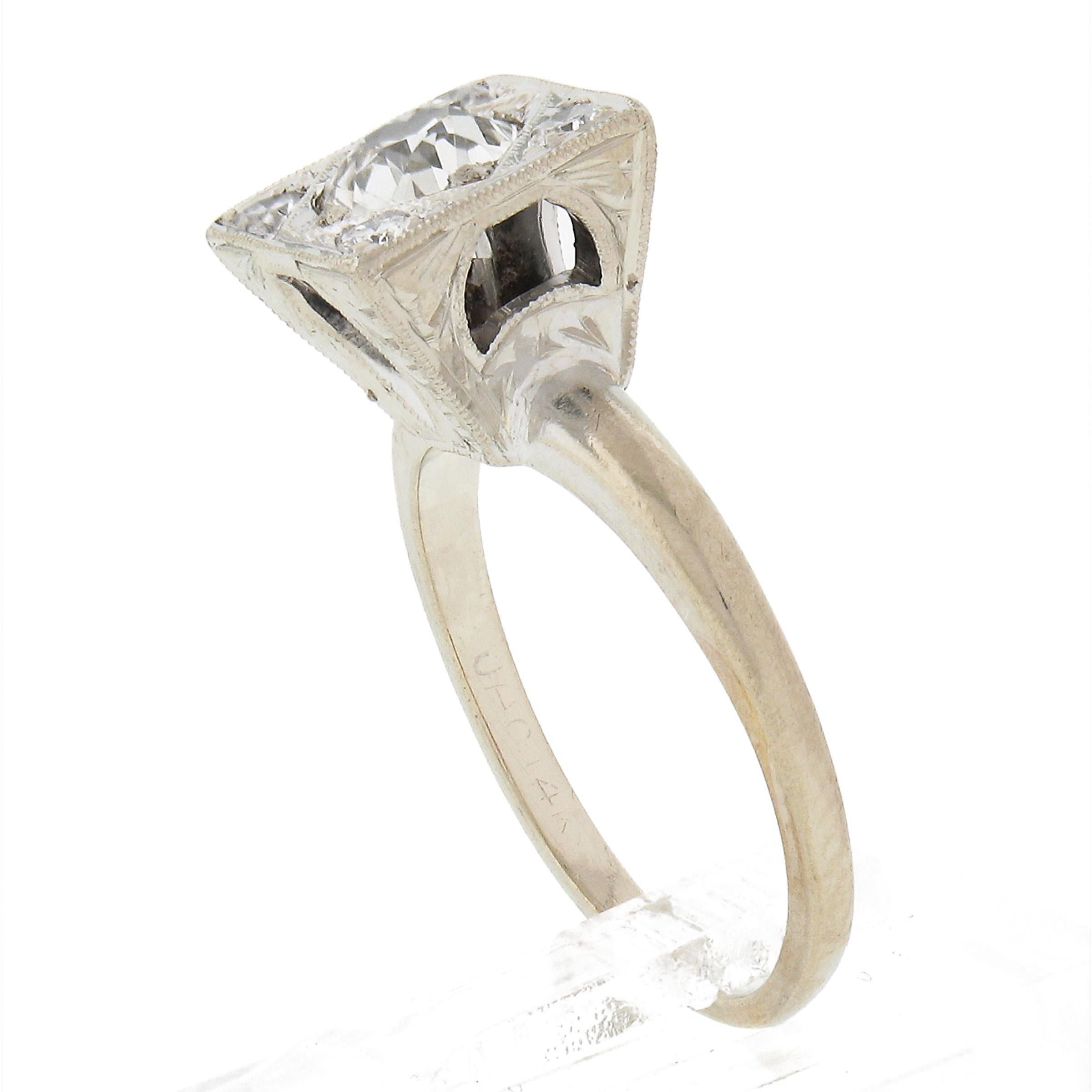 Antiker 14k Gold Verlobungsring mit handgraviertem Blumenmuster,87 Karat Diamant im Altschliff im Angebot 3