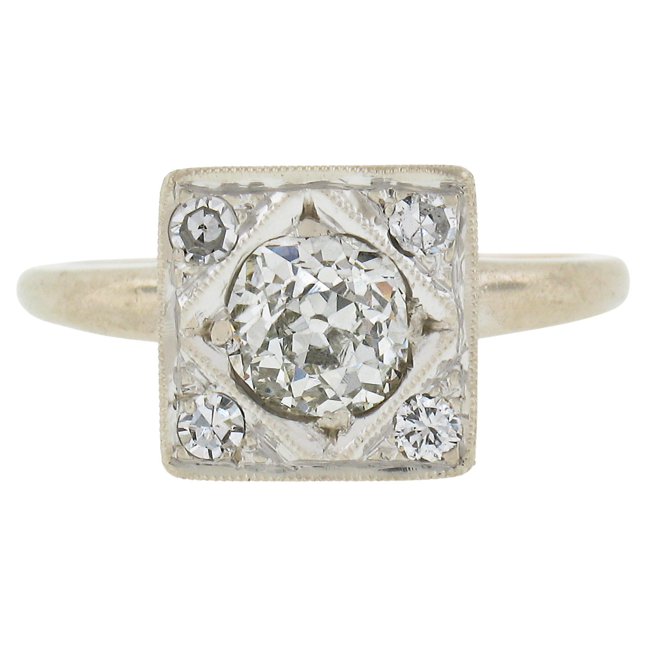 Antique 14k Gold .87ct Old Cut Pave Diamond Hand Engraved Floral Engagement Ring For Sale