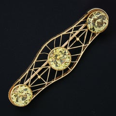 Antique 14k Gold 9.50ct GIA Greenish Yellow Sapphire Mosaic Open Work Pin Brooch