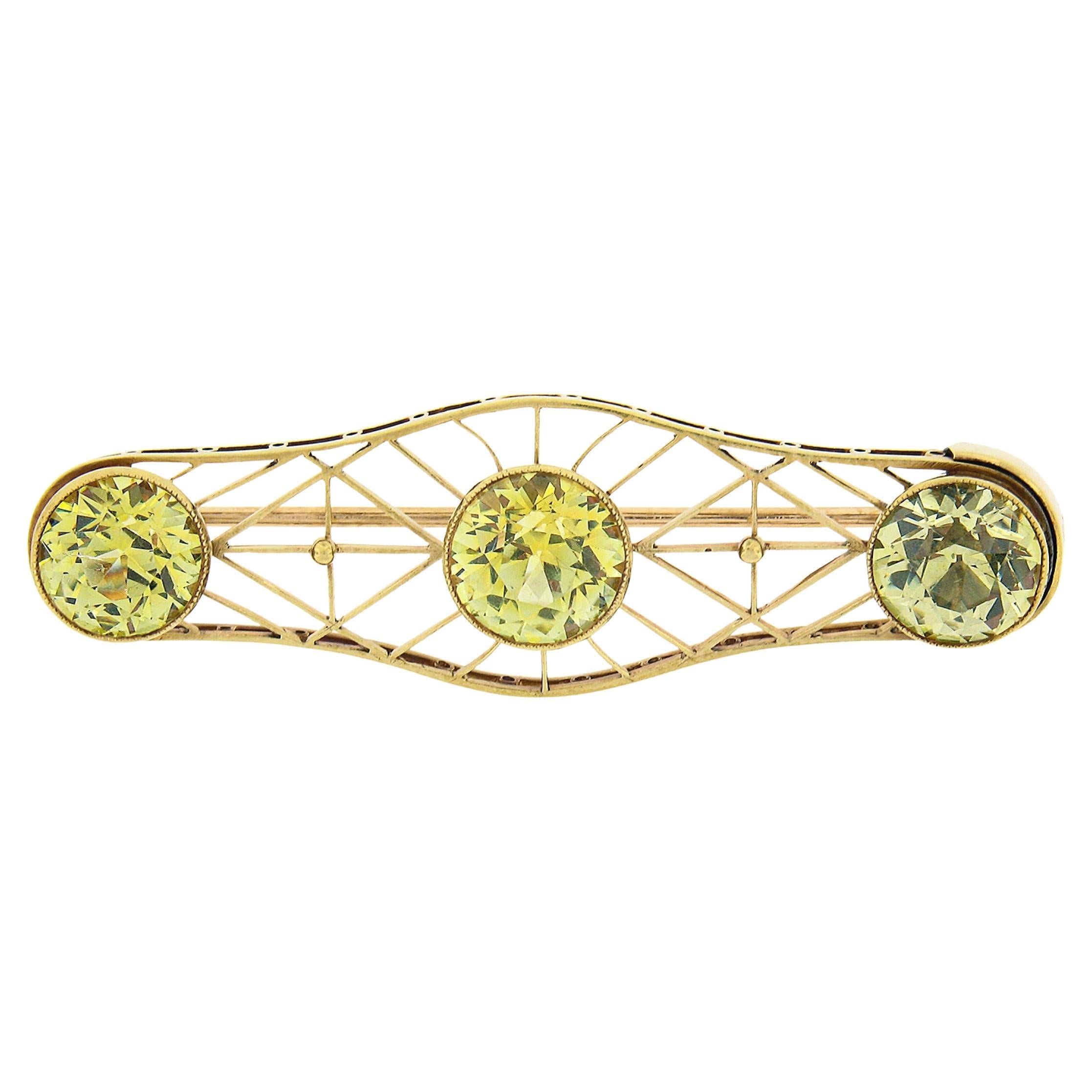 Antique 14k Gold 9.50ct GIA Greenish Yellow Sapphire Mosaic Open Work Pin Brooch For Sale