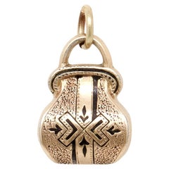 Antique 14k Gold and Black Enamel Purse Shaped Slide Charm for a Bracelet