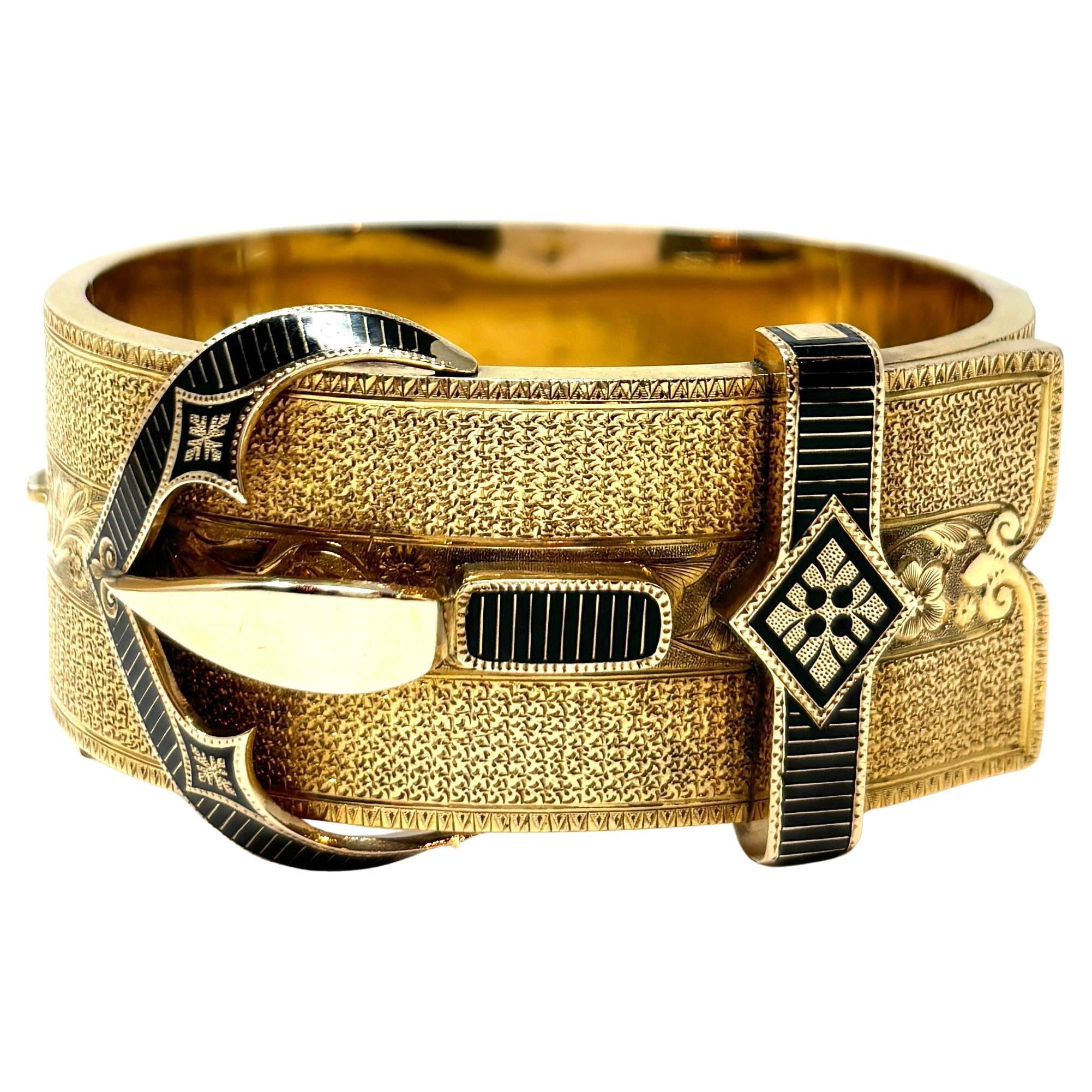 Brazalete antiguo de oro de 14 quilates y hebilla esmaltada, circa 1860-1880