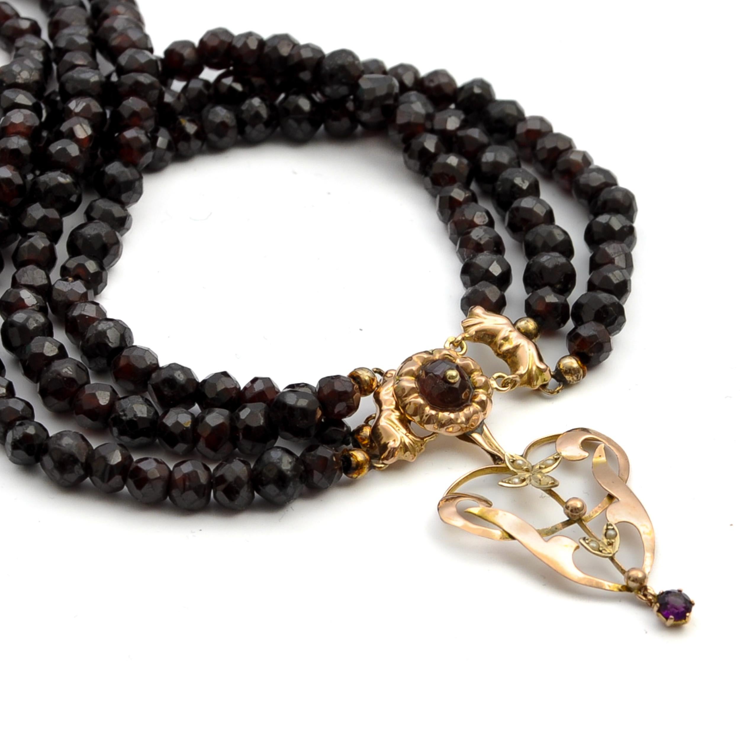 Mixed Cut Antique 14K Gold Garnet Multi-Strand Beaded Necklace For Sale