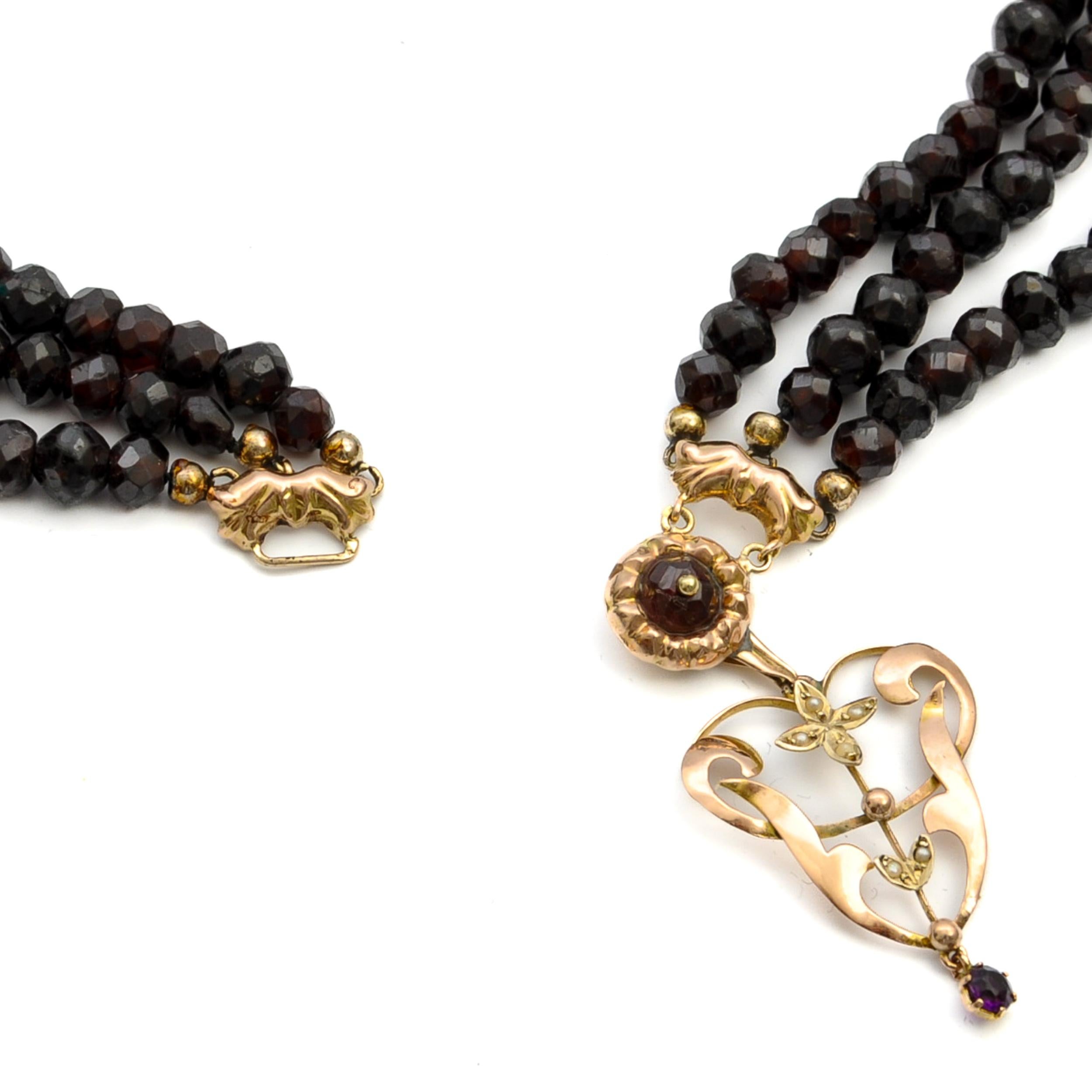 Women's Antique 14K Gold Garnet Multi-Strand Beaded Necklace For Sale