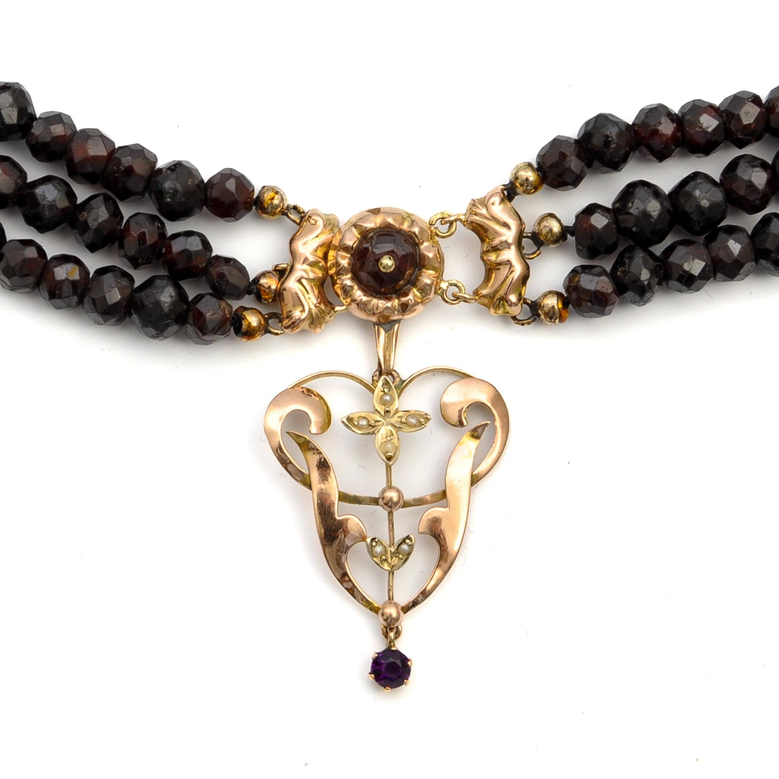 Antique 14K Gold Garnet Multi-Strand Beaded Necklace For Sale 1
