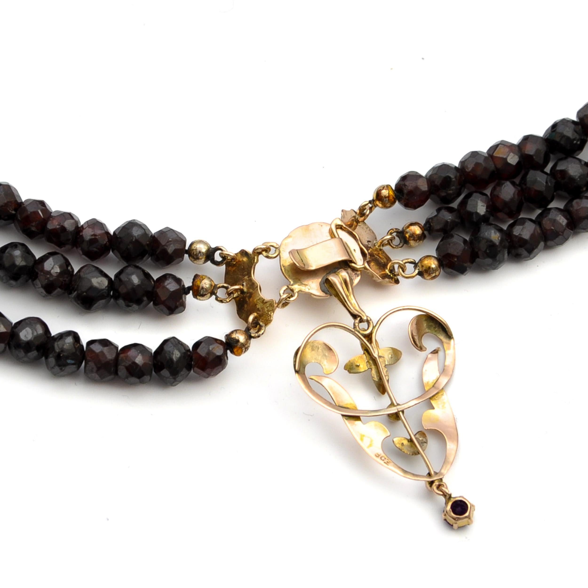 Antique 14K Gold Garnet Multi-Strand Beaded Necklace For Sale 2