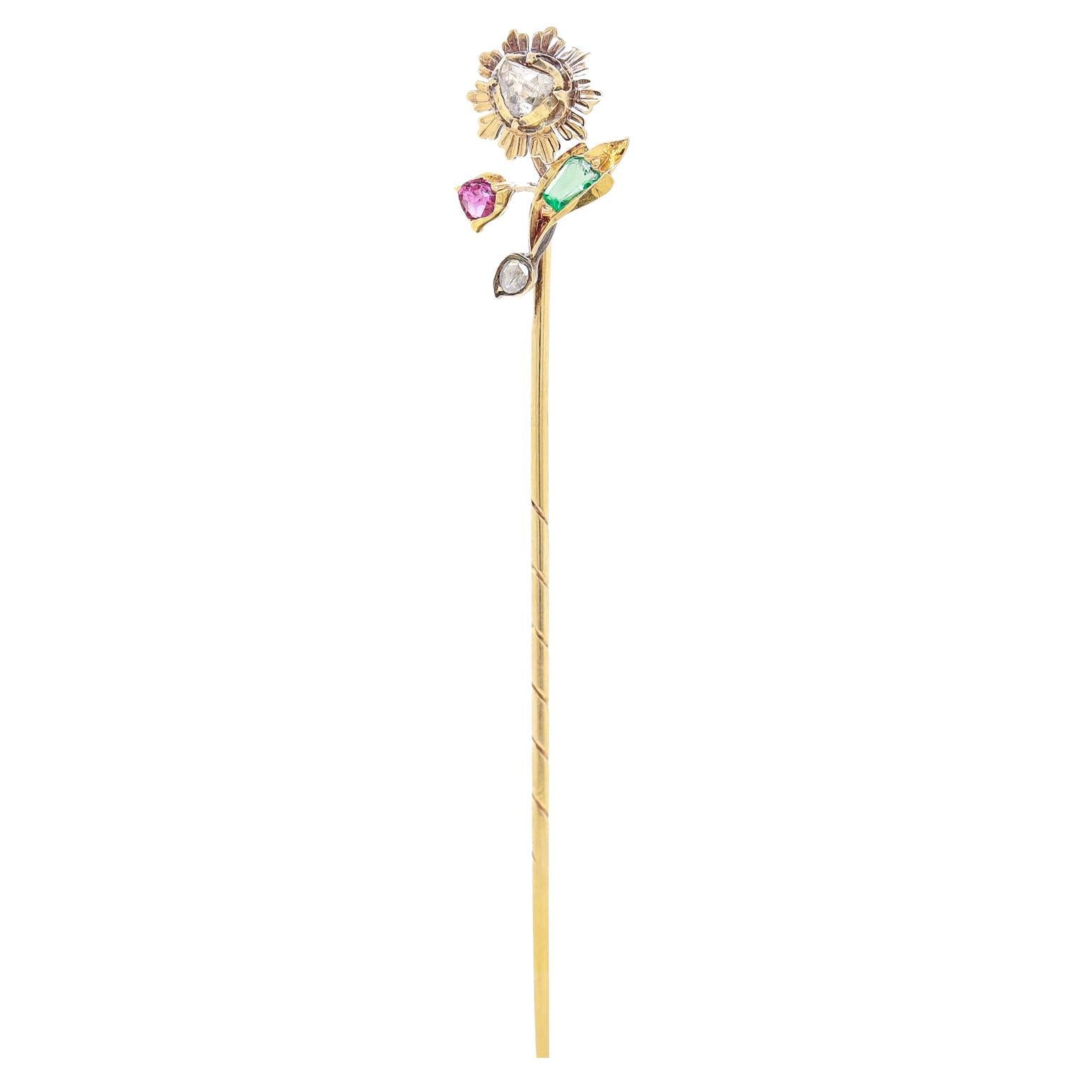 Antique 14K Gold and Multi-Gemstone Stickpin