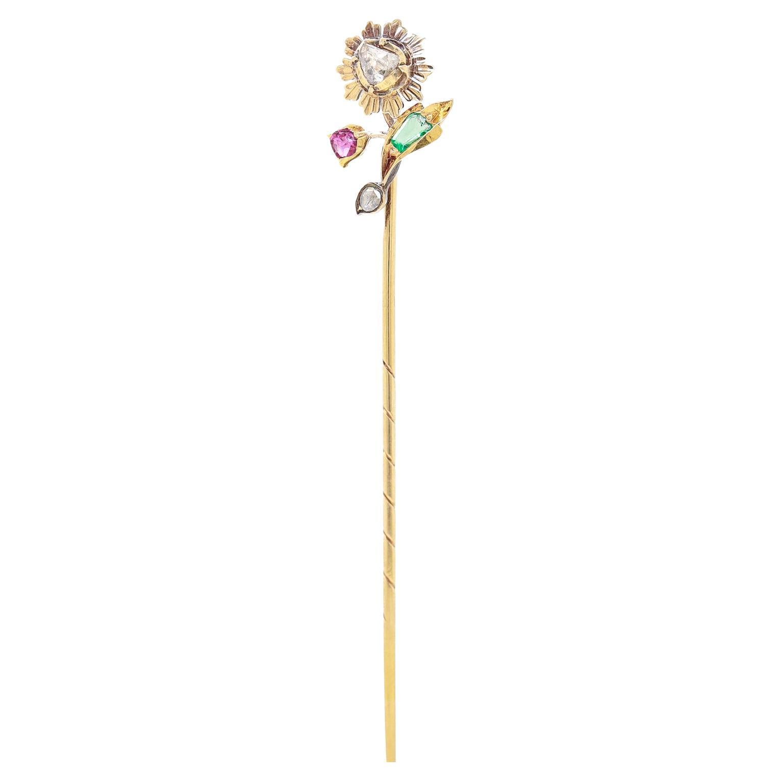 Antique 14K Gold and Multi-Gemstone Stickpin 