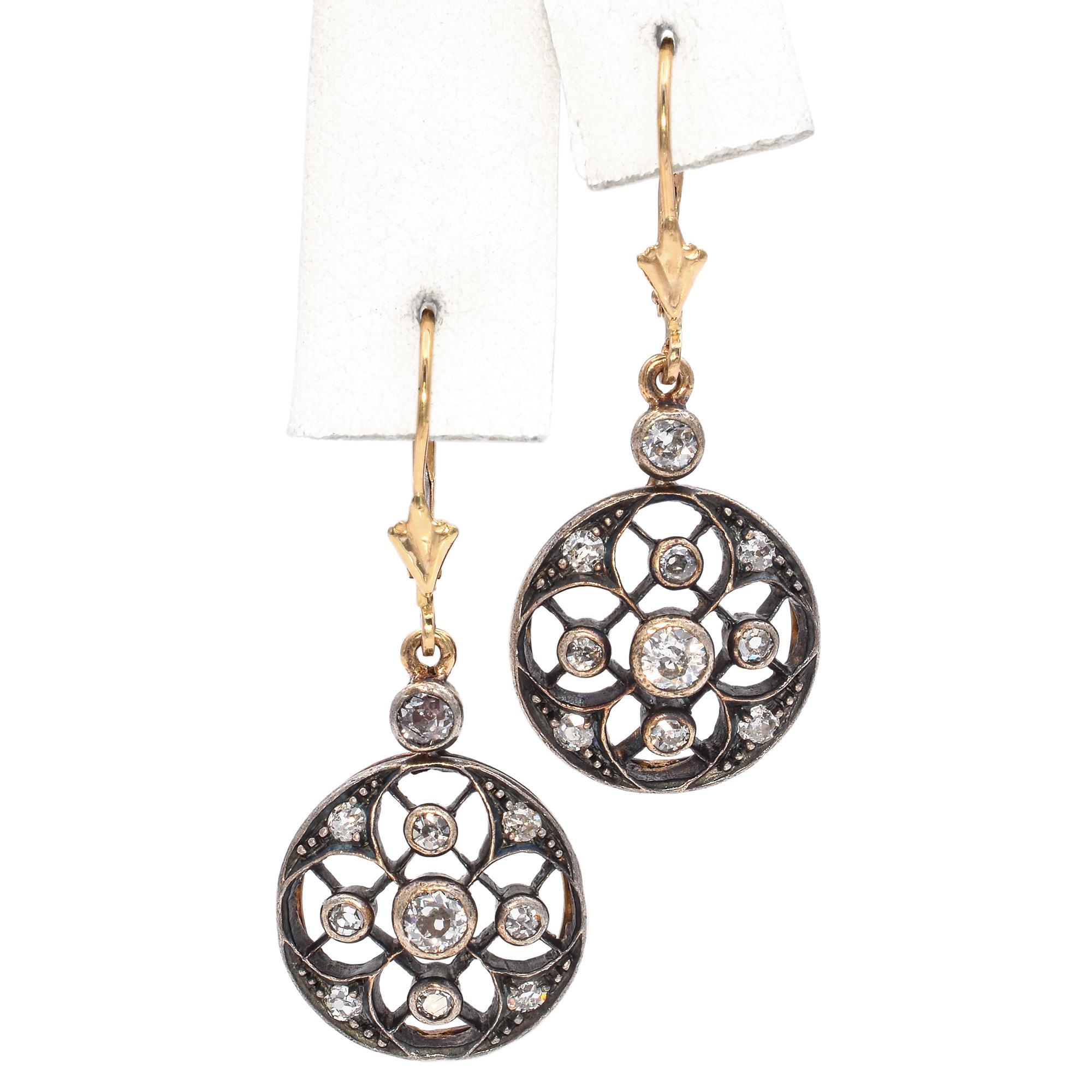Grezzo Orecchini antichi in oro 14K e argento Sterling 0,88 TCW con diamanti Old Euro in vendita