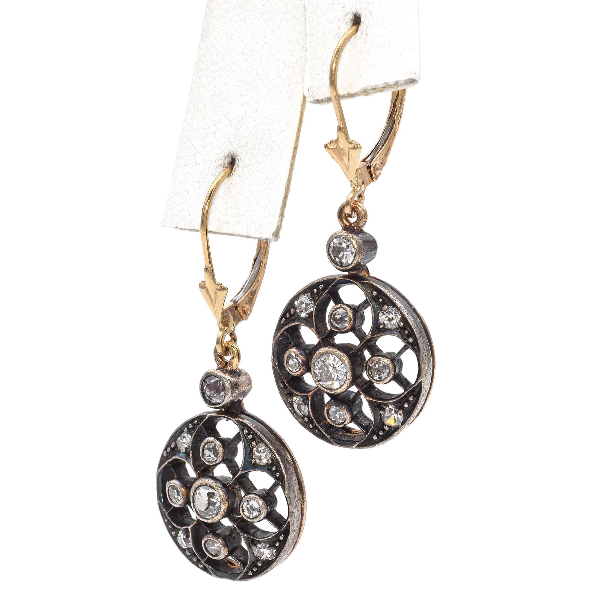 Orecchini antichi in oro 14K e argento Sterling 0,88 TCW con diamanti Old Euro In condizioni buone in vendita a New York, NY