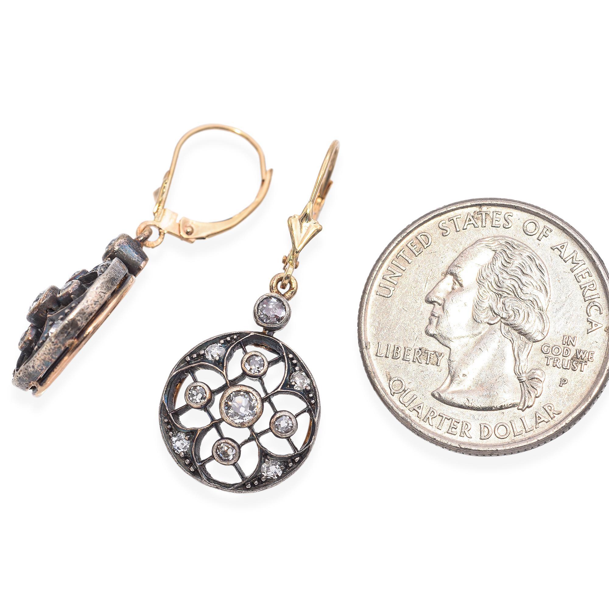 Donna Orecchini antichi in oro 14K e argento Sterling 0,88 TCW con diamanti Old Euro in vendita