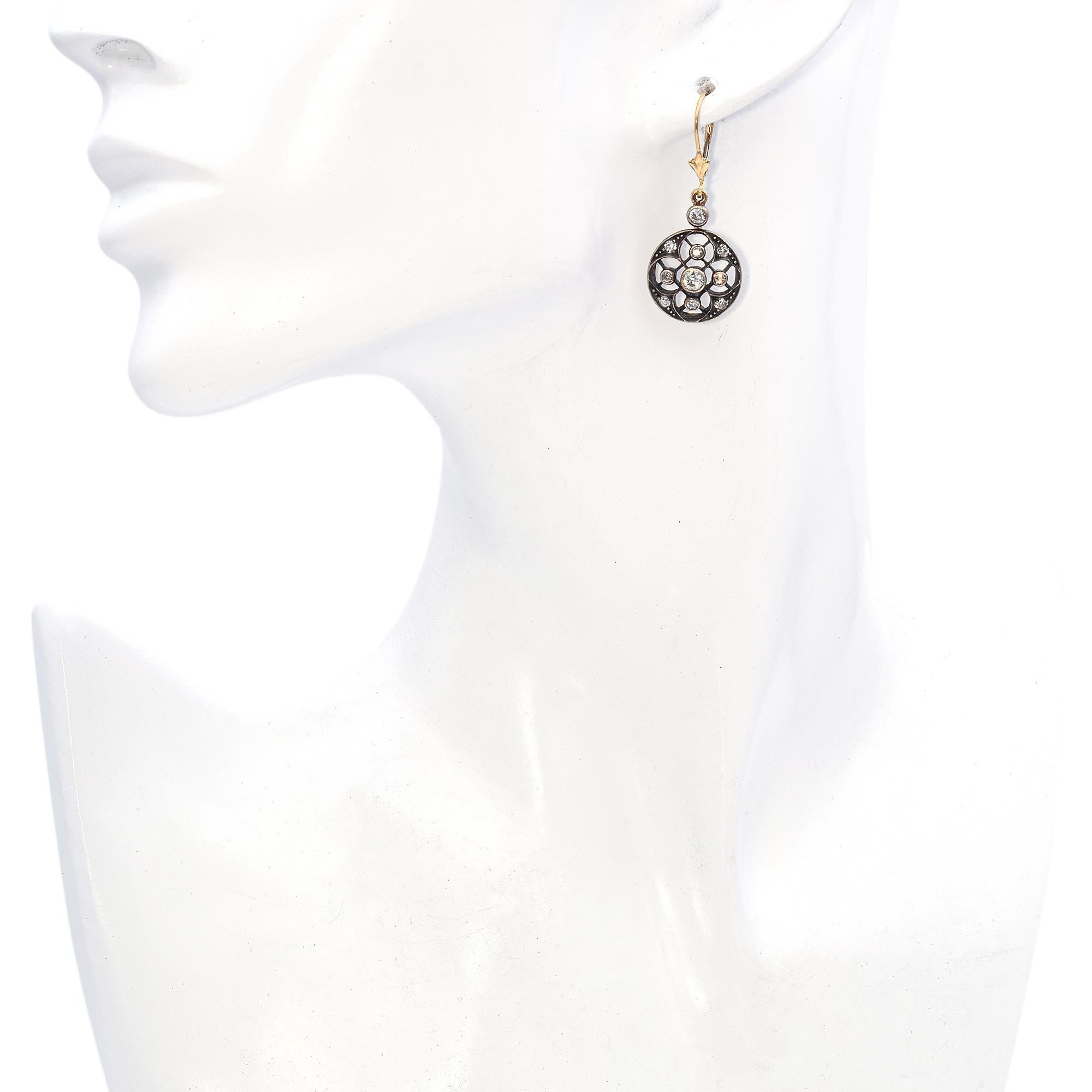 Orecchini antichi in oro 14K e argento Sterling 0,88 TCW con diamanti Old Euro in vendita 1