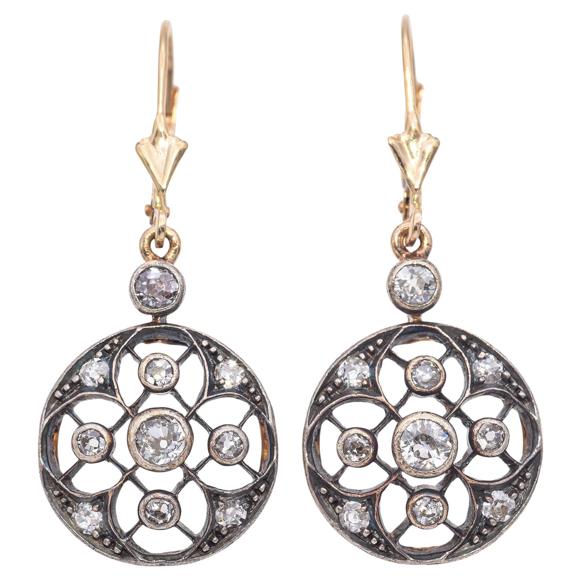 Orecchini antichi in oro 14K e argento Sterling 0,88 TCW con diamanti Old Euro in vendita