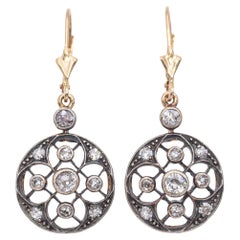 Pendientes de Gota de Diamantes Antiguos de Oro de 14 quilates y Plata de Ley de 0,88 TCW