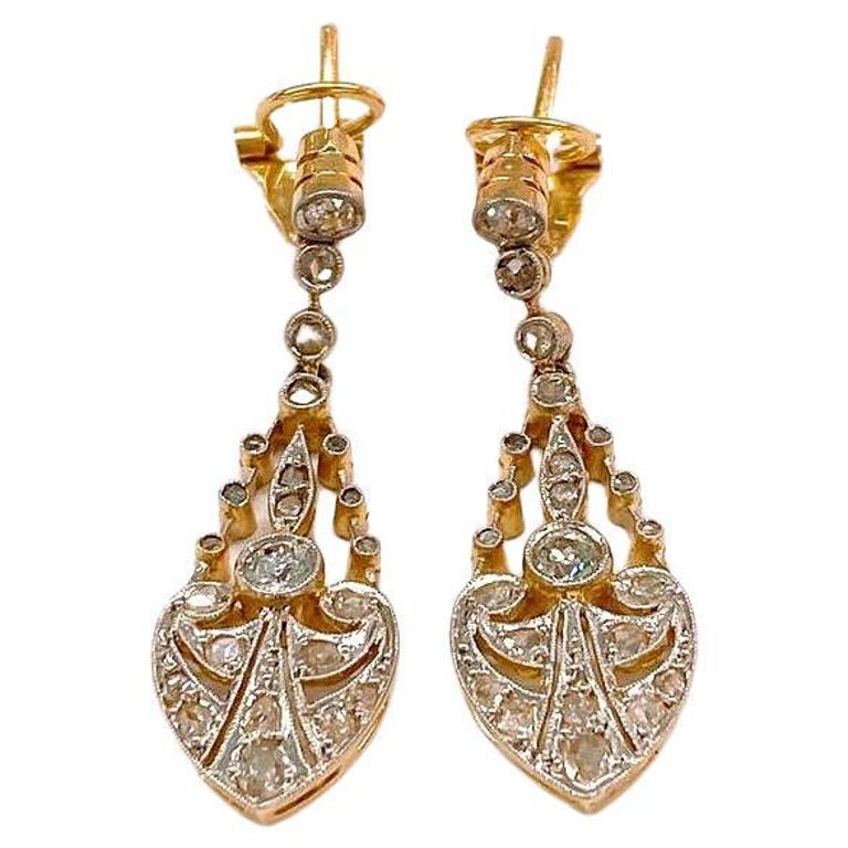 Antique 14k Gold Art Deco Diamond Earrings For Sale at 1stDibs
