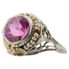 Antique 14k Gold Art Deco Sapphire ring. PINK SAPPHIRE Pearl seed enamel flower
