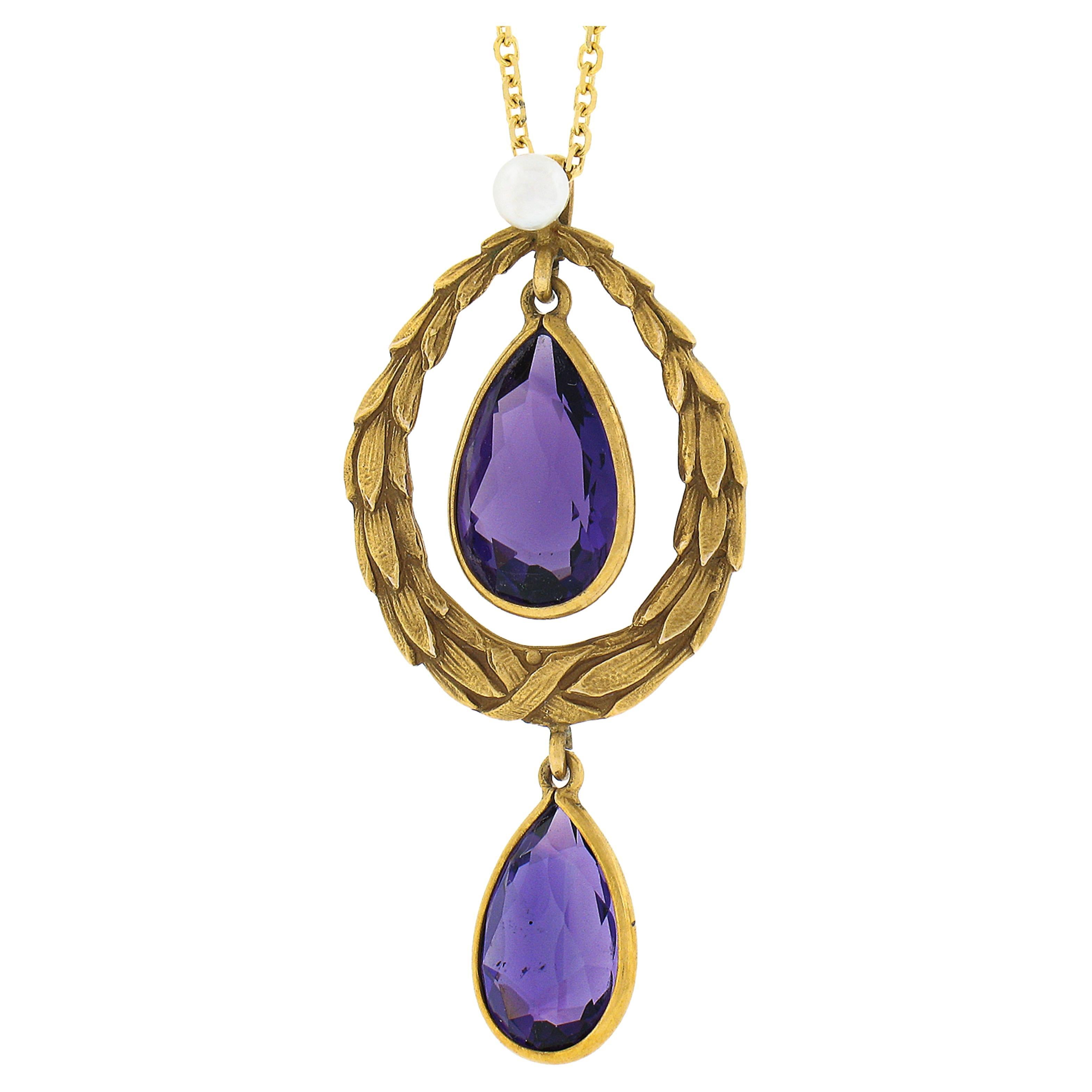 Antique 14k Gold Art Nouveau Brassler Co. Amethyst Pearl Dangle Lavalier Pendant For Sale