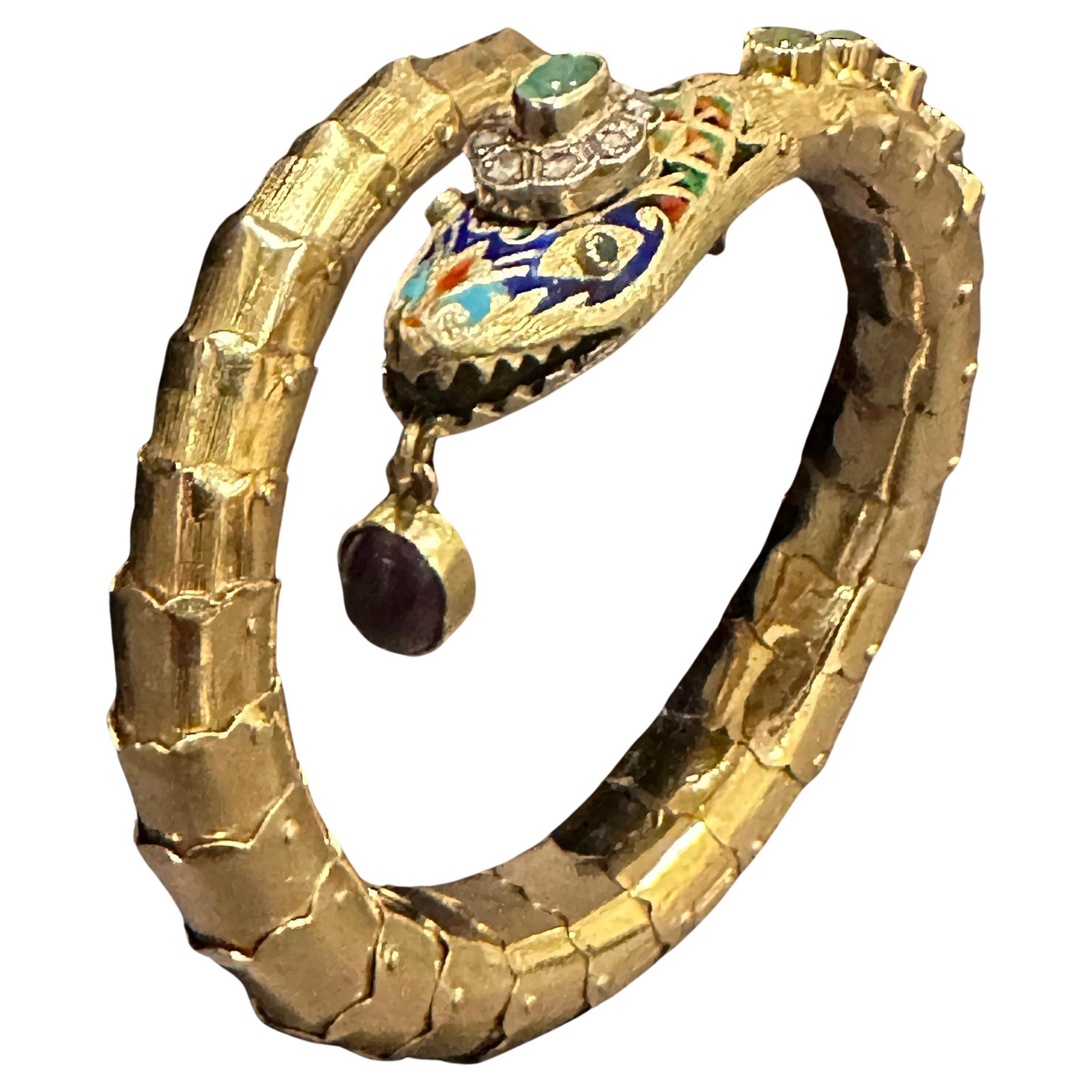 Antique 14K Gold And Jeweled Articulated Snake Bracelet