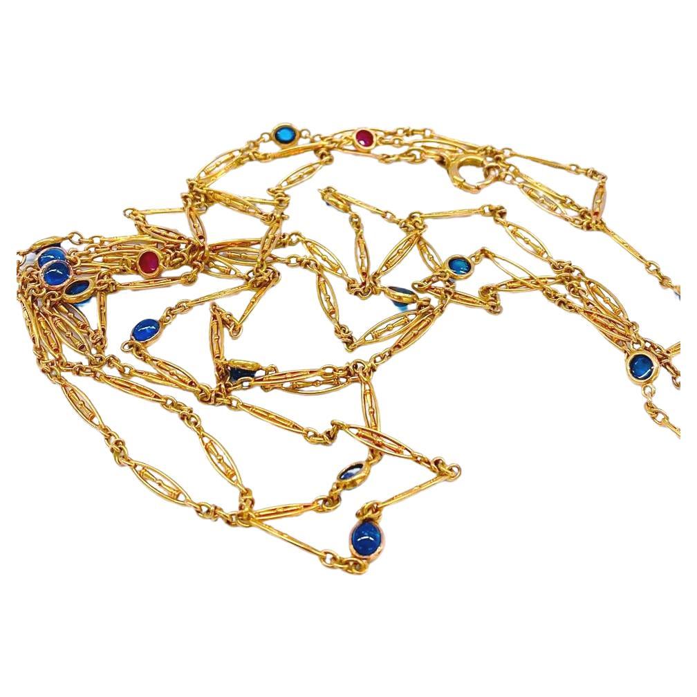 Antique Astro Hungarian Empire Sapphire And Ruby Gold Chain Necklace For Sale 1