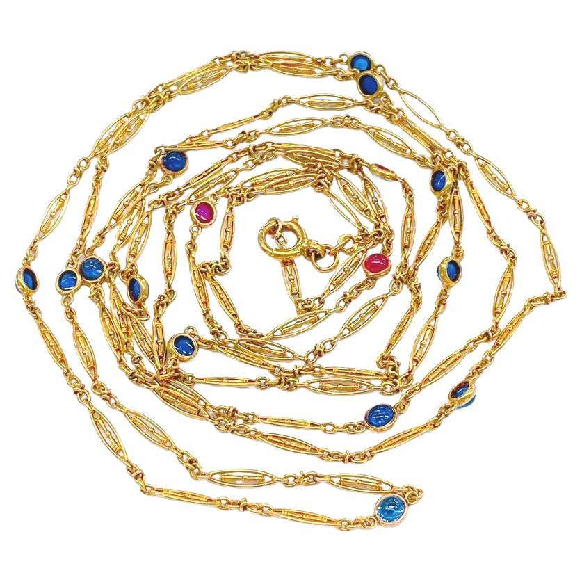 Antique Astro Hungarian Empire Sapphire And Ruby Gold Chain Necklace For Sale 3